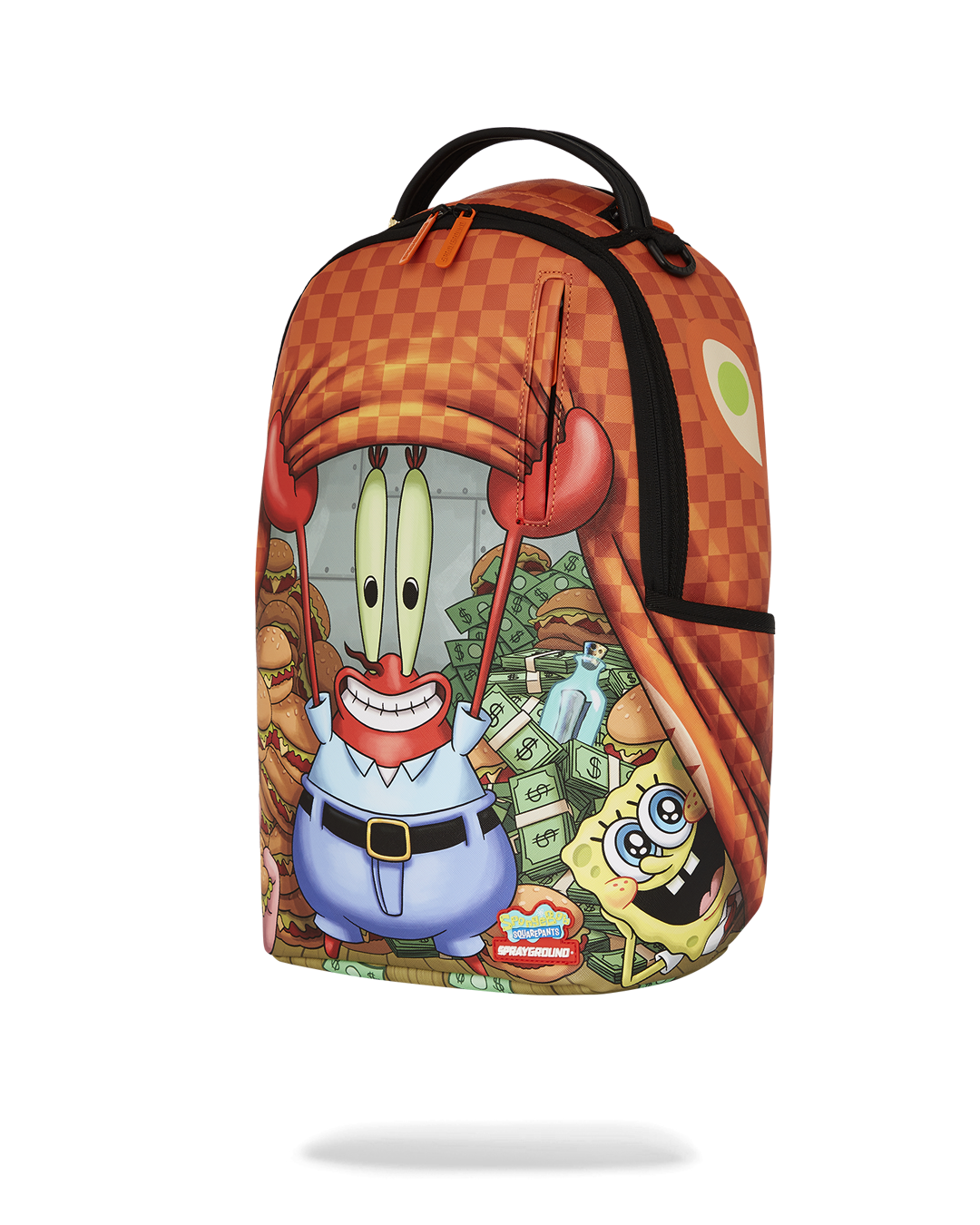 Front view of SpongeBob Krabs backpack showcasing water-resistant faux leather and gold hardware