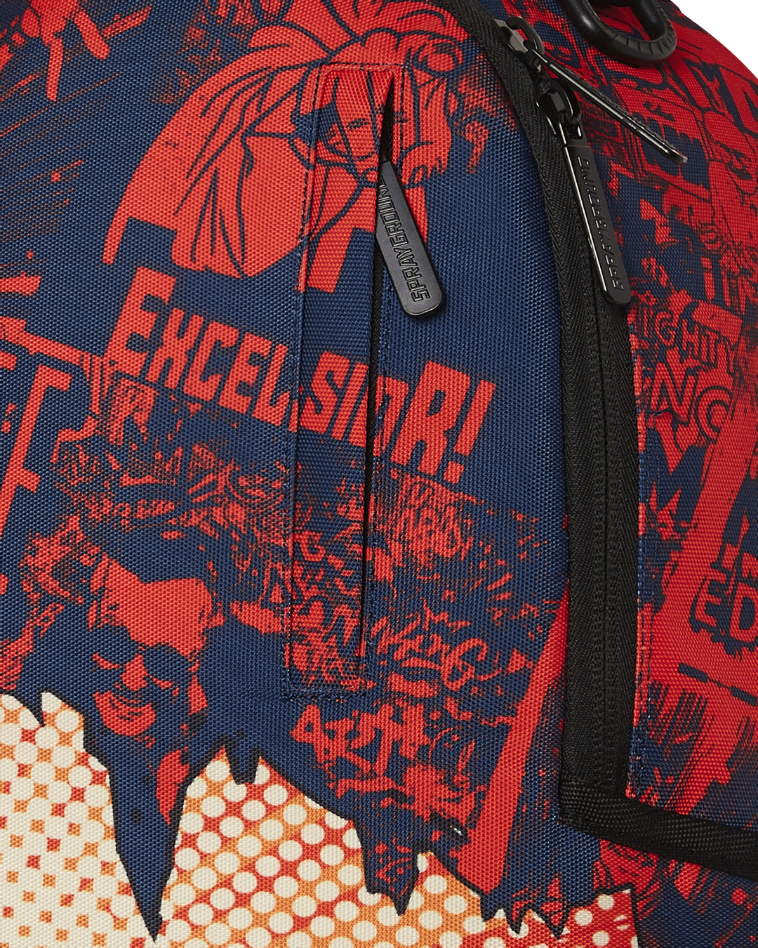 Close-up of Stan Lee artwork on pink Sprayground backpack with side pockets visible