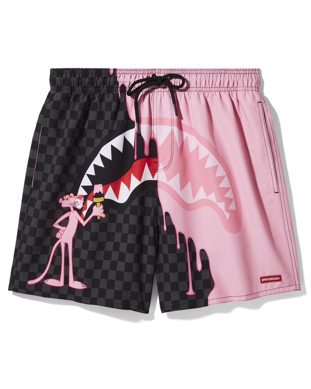 Close-up of pink swim trunks with side pockets, showcasing the 4-way stretch fabric.