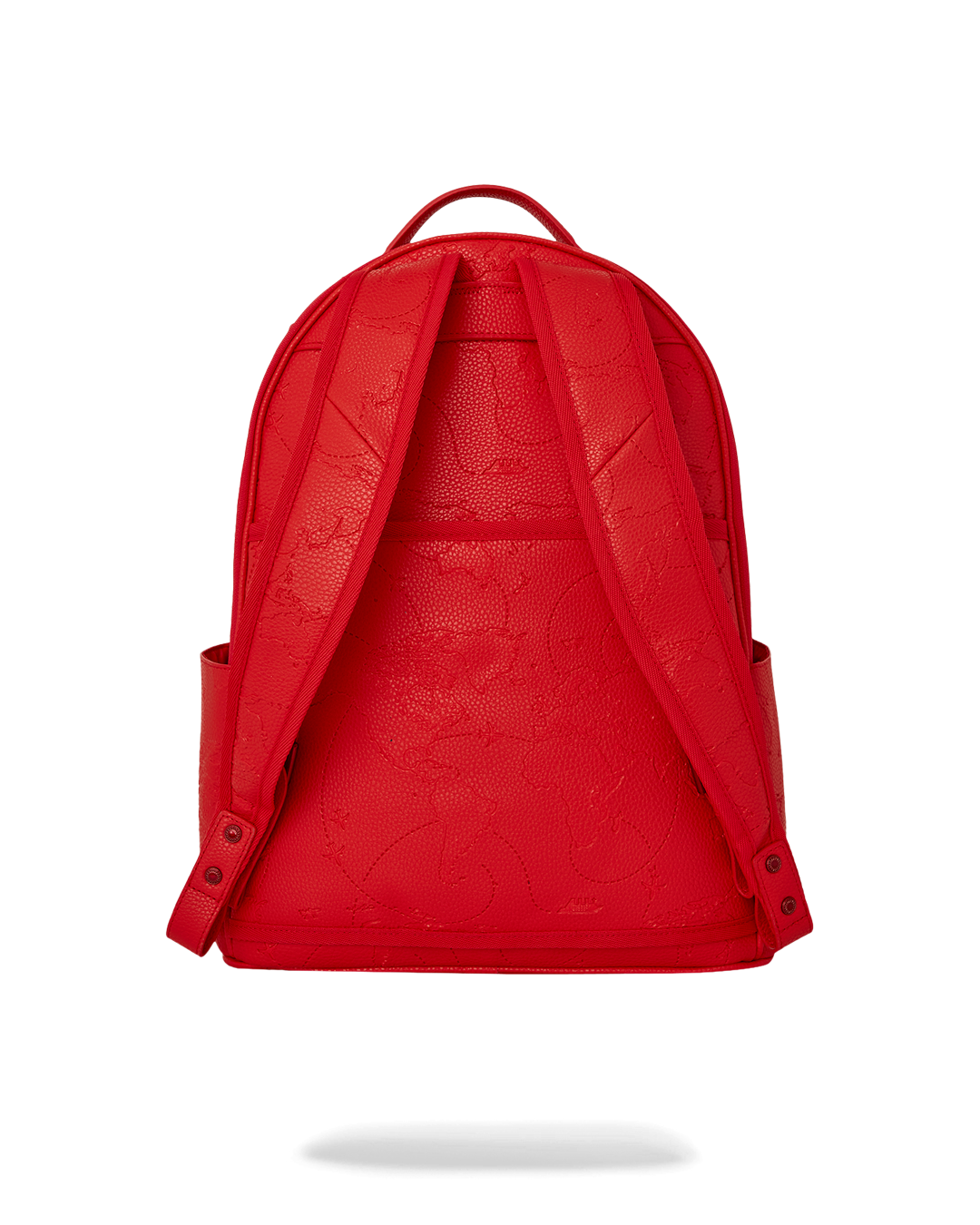 Front view of the ruby red vegan leather backpack with metal zippers