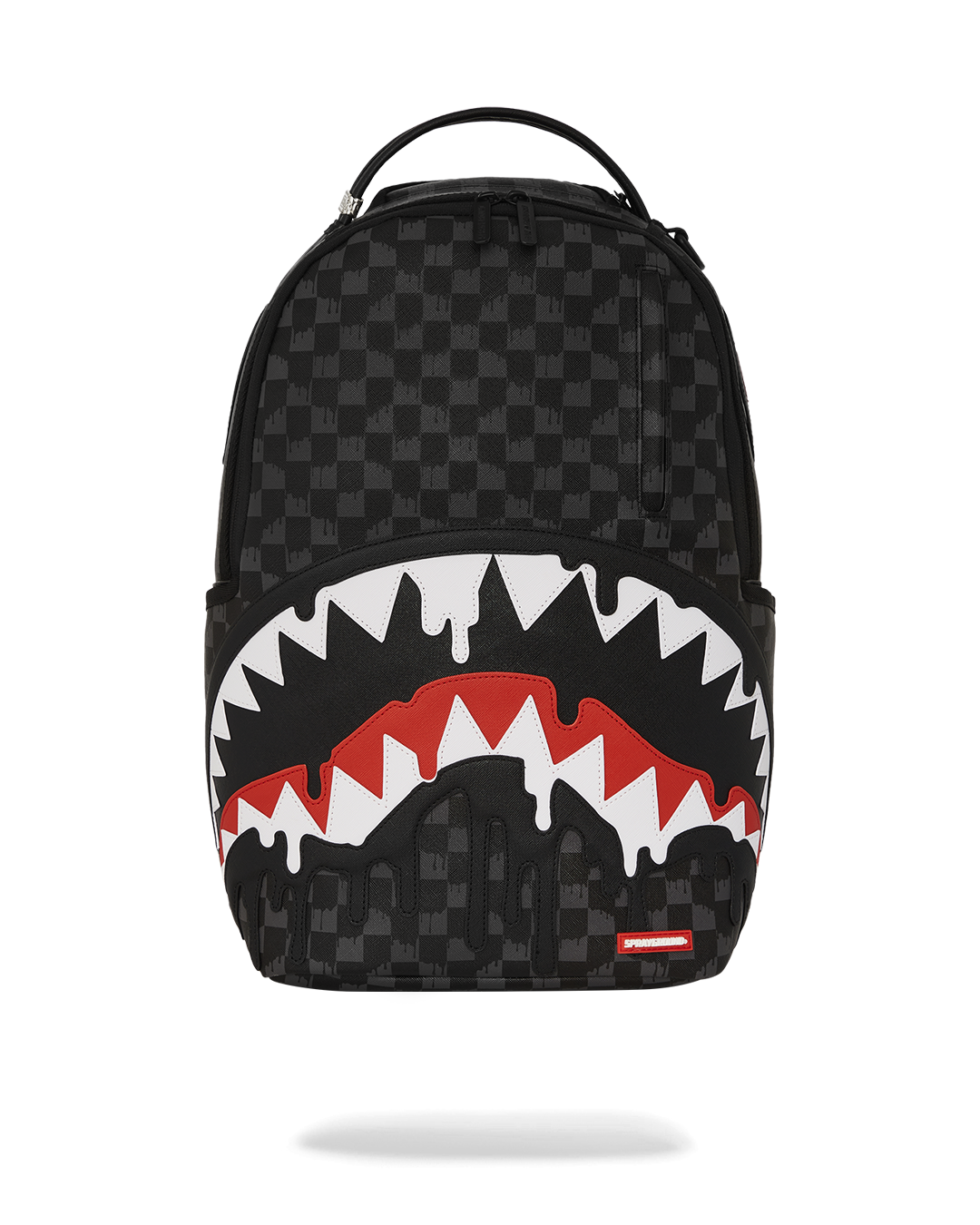 Faux leather sharkmouth backpack front view with zipper pocket Faux leather sharkmouth backpack front view with zipper pocket
