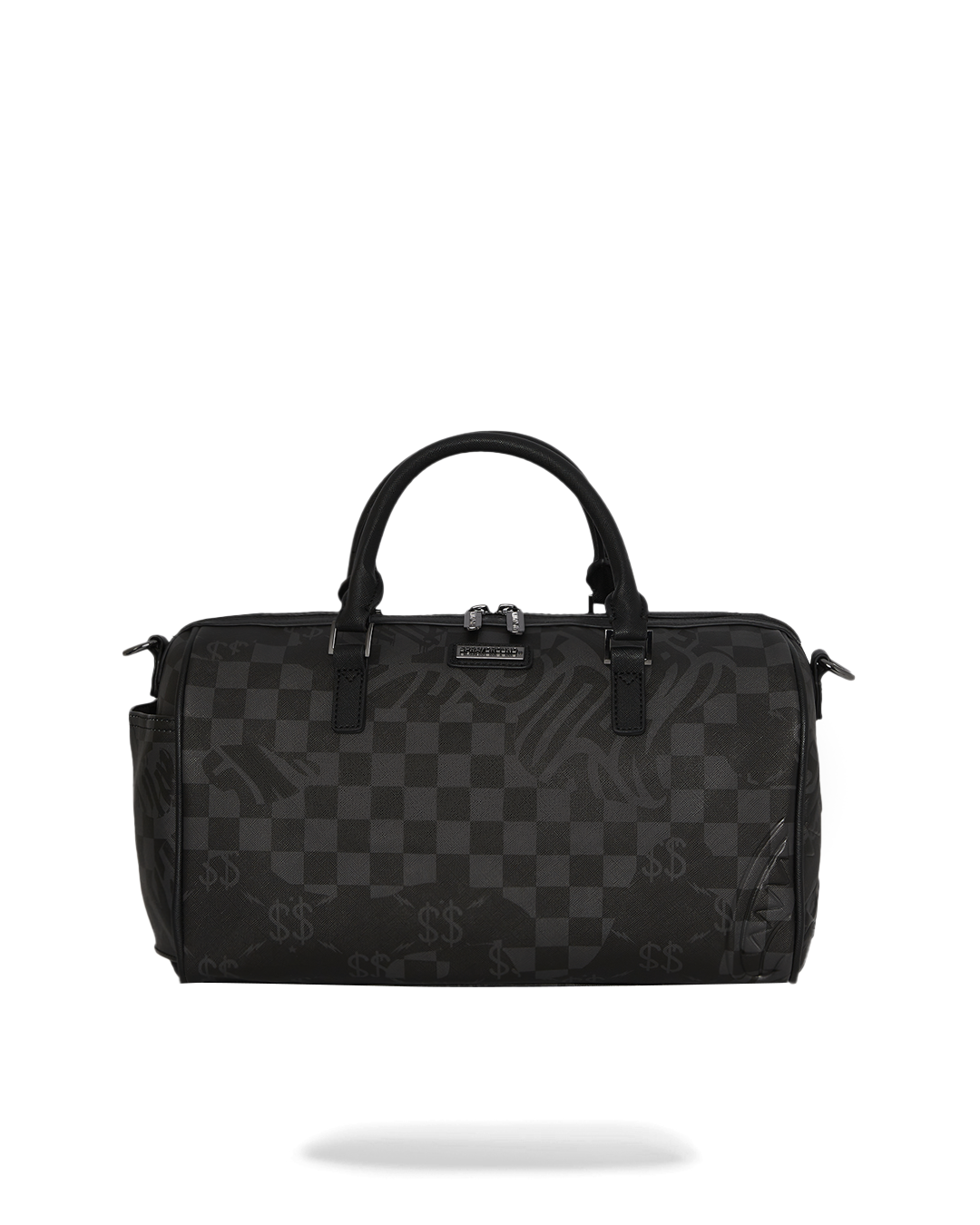Front view of the faux leather mini duffle bag with strap adjusted for crossbody wear.