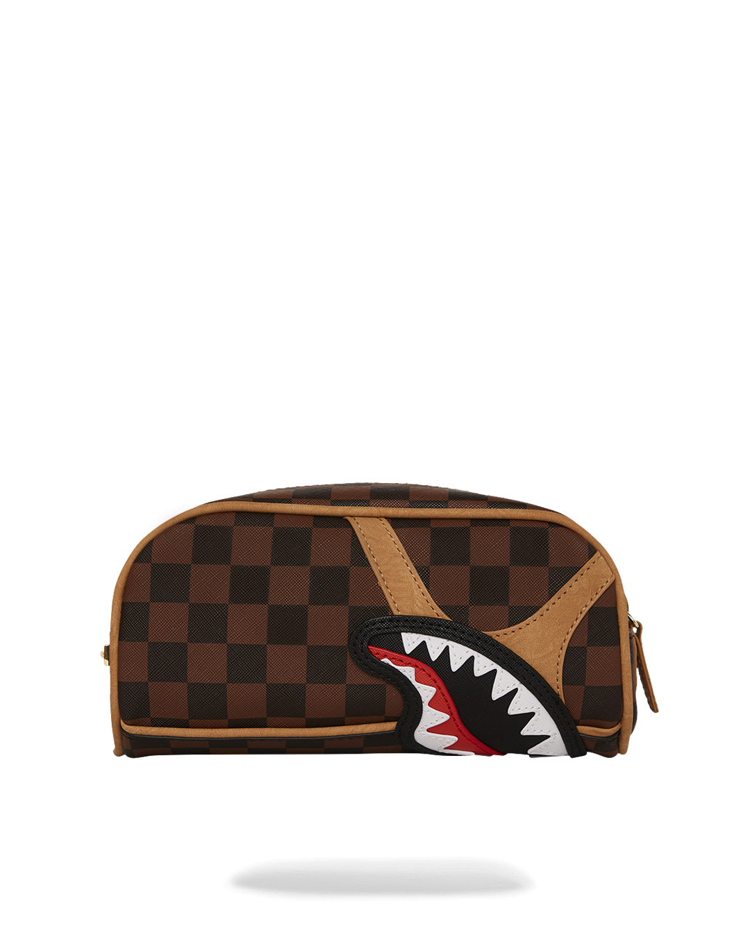 Hennyville zipper pouch open on a marble table with lipstick and eyeliners inside