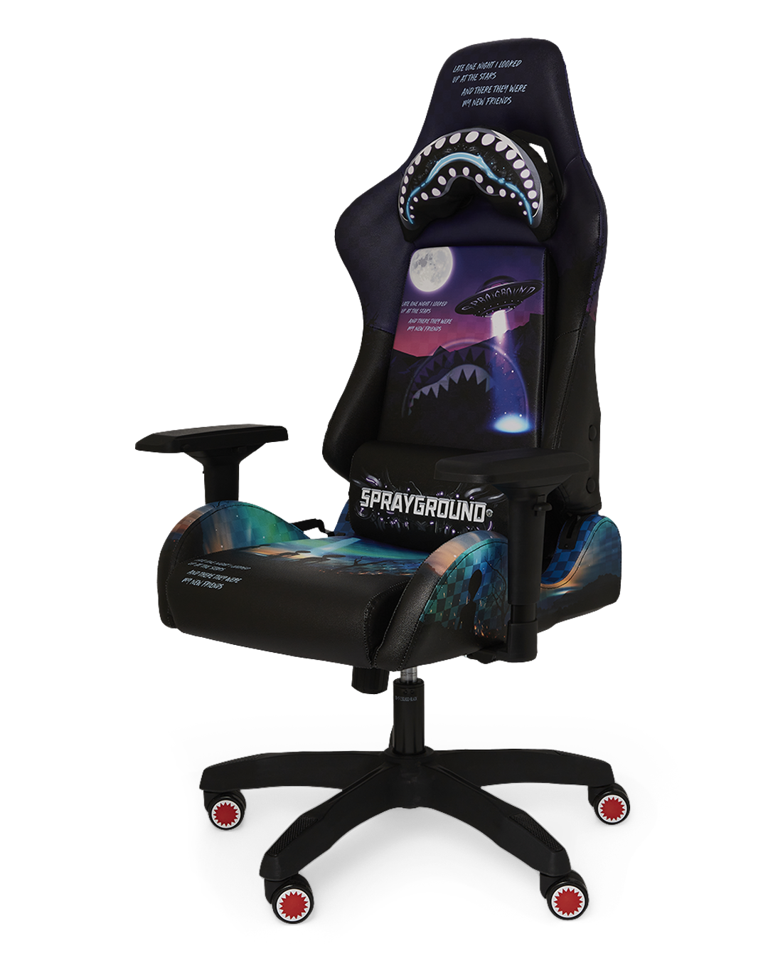 Front view of the ergonomic gaming chair showcasing 4D armrests and headrest pillow