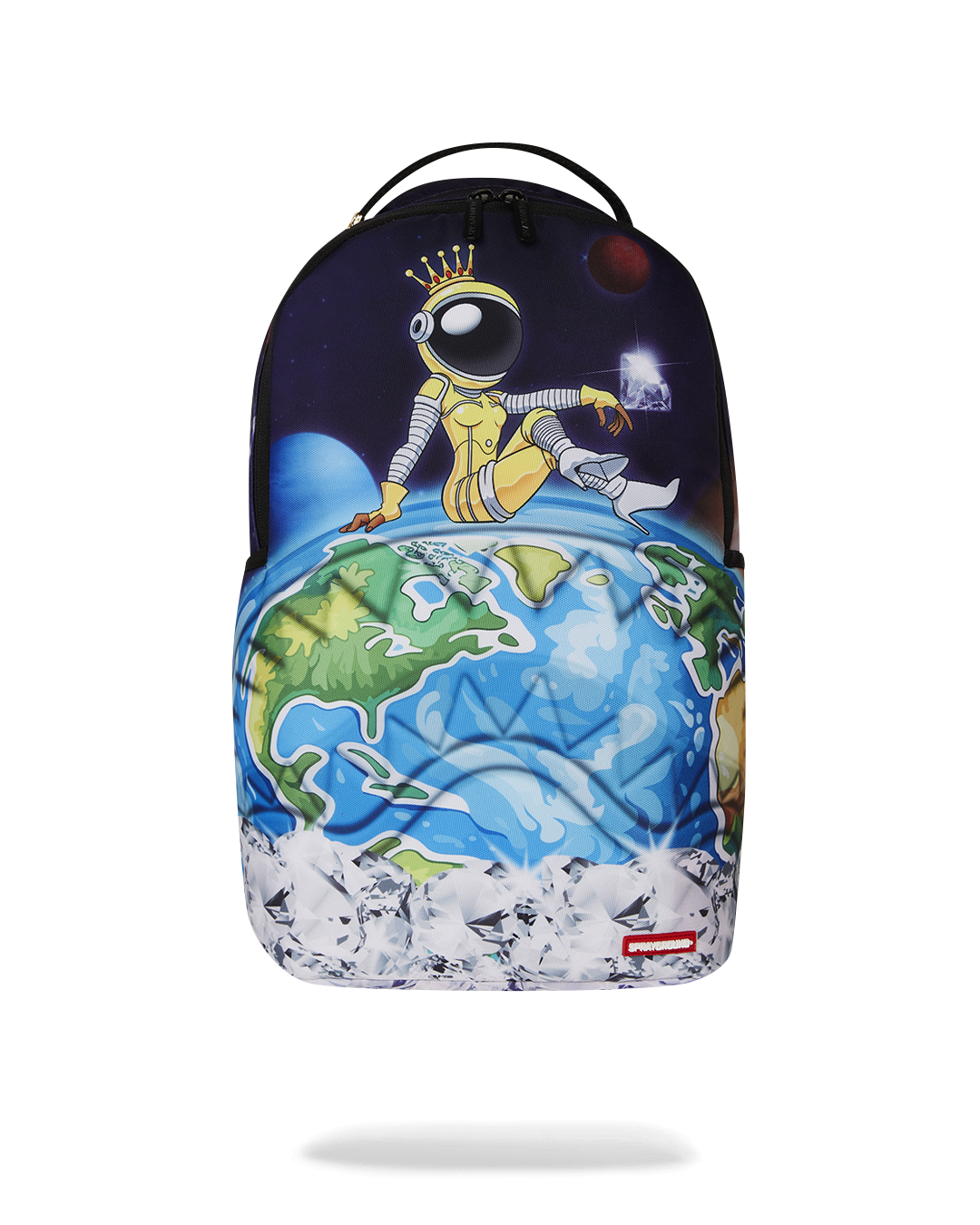 Front view of AstroGalaxy Queen backpack showing embossed sharkmouth design and gold zippers