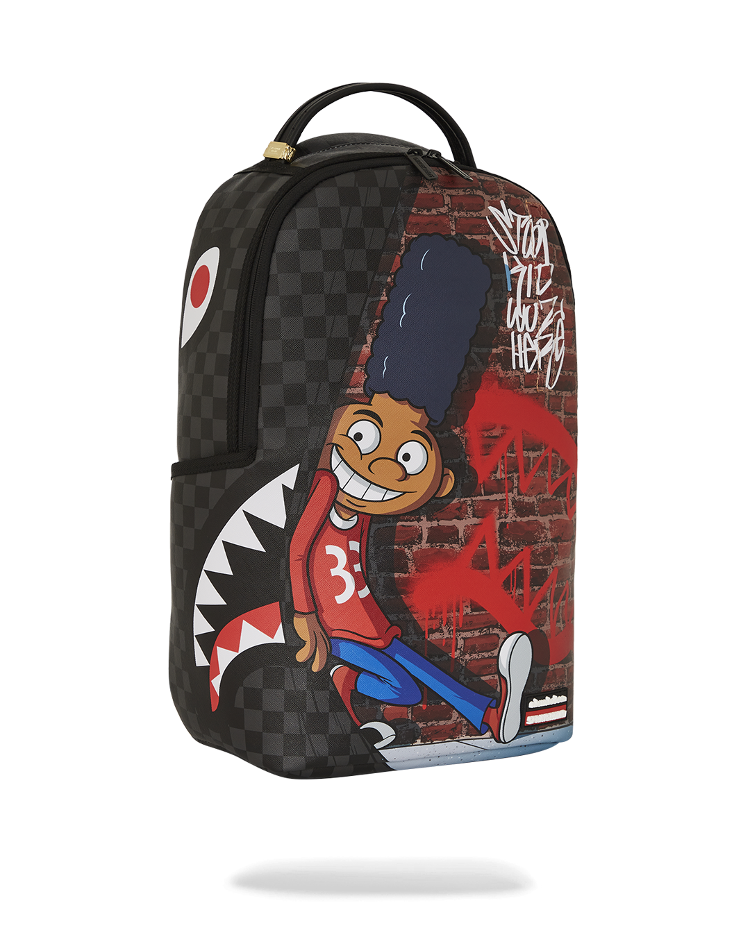 Interior layout of Sprayground Hey Arnold backpack showing laptop sleeve and mesh pocket