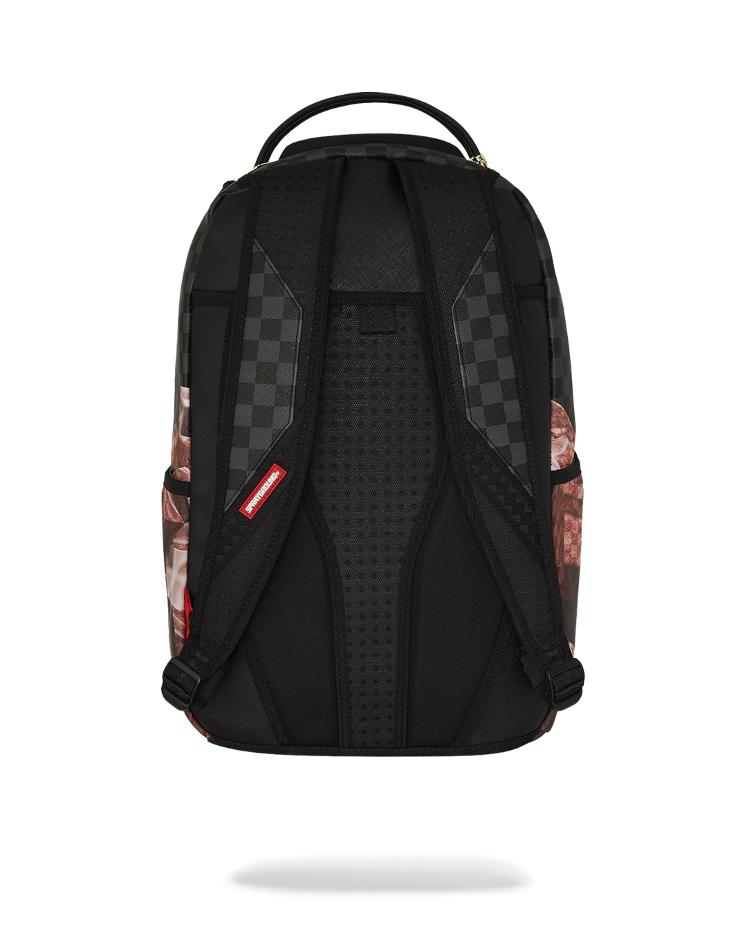 Faux leather backpack showcasing front zipper pocket and side pockets.