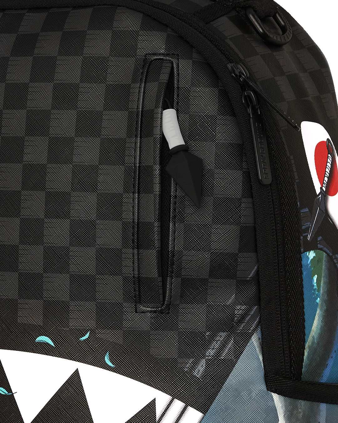Close-up of the interior, featuring separate velour laptop compartment and mesh organizer pocket
