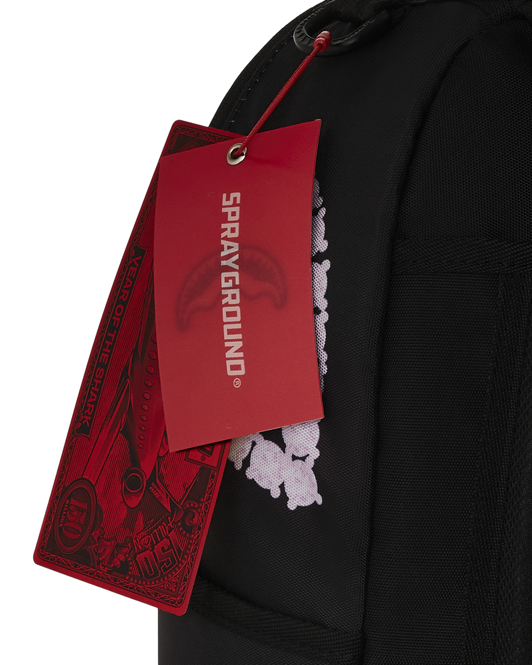 Front view of Sprayground pink diamond backpack showing zippered pockets and adjustable straps