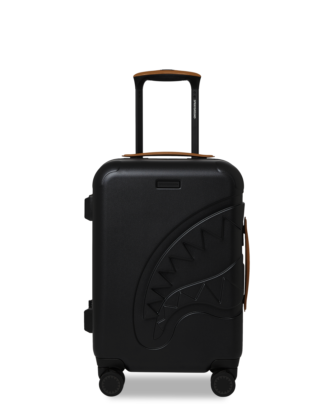 Close-up of double spinner wheels on the Sharkitecture Jetstream suitcase.