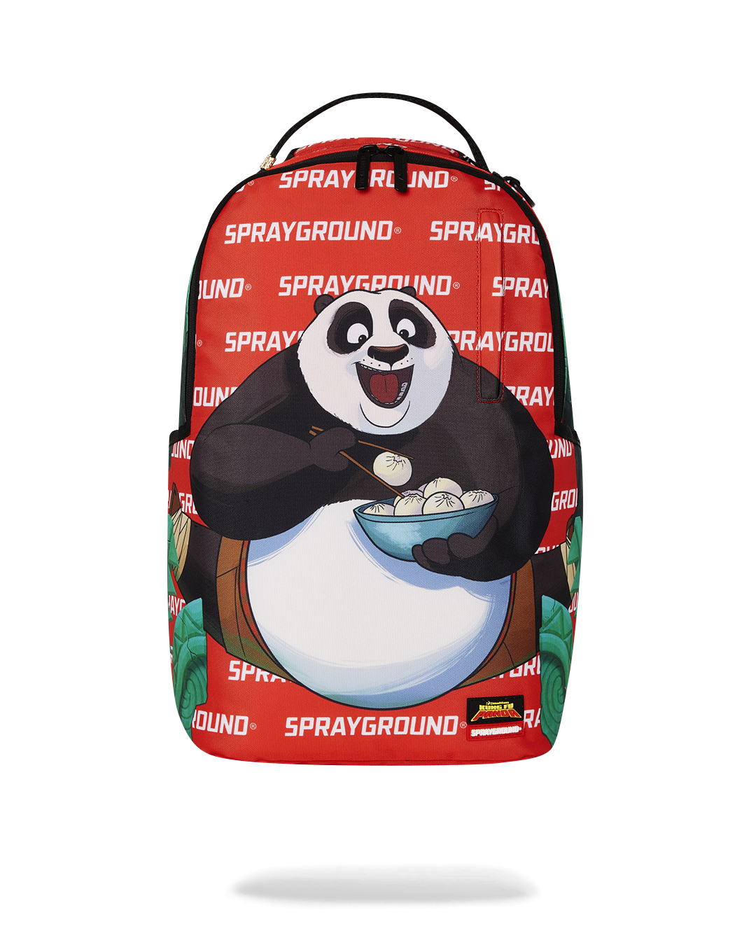 Kung Fu Panda backpack showcasing front zipper pocket and side pockets.