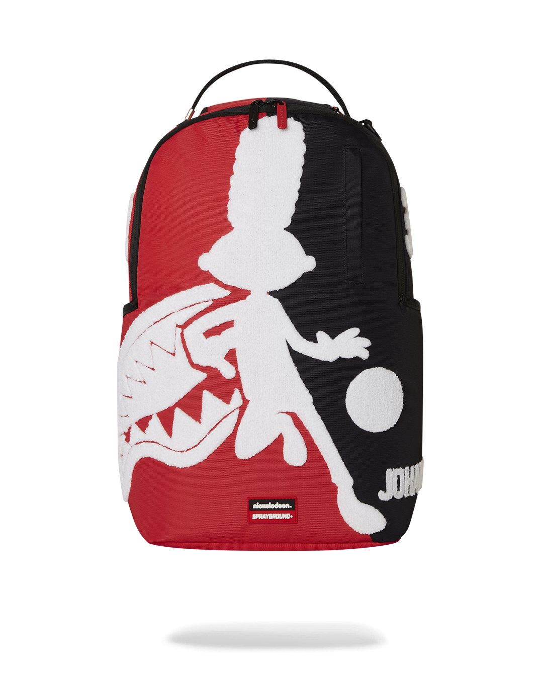 Hey Arnold Sprayground backpack worn over shoulder, showcasing side pockets and urban style