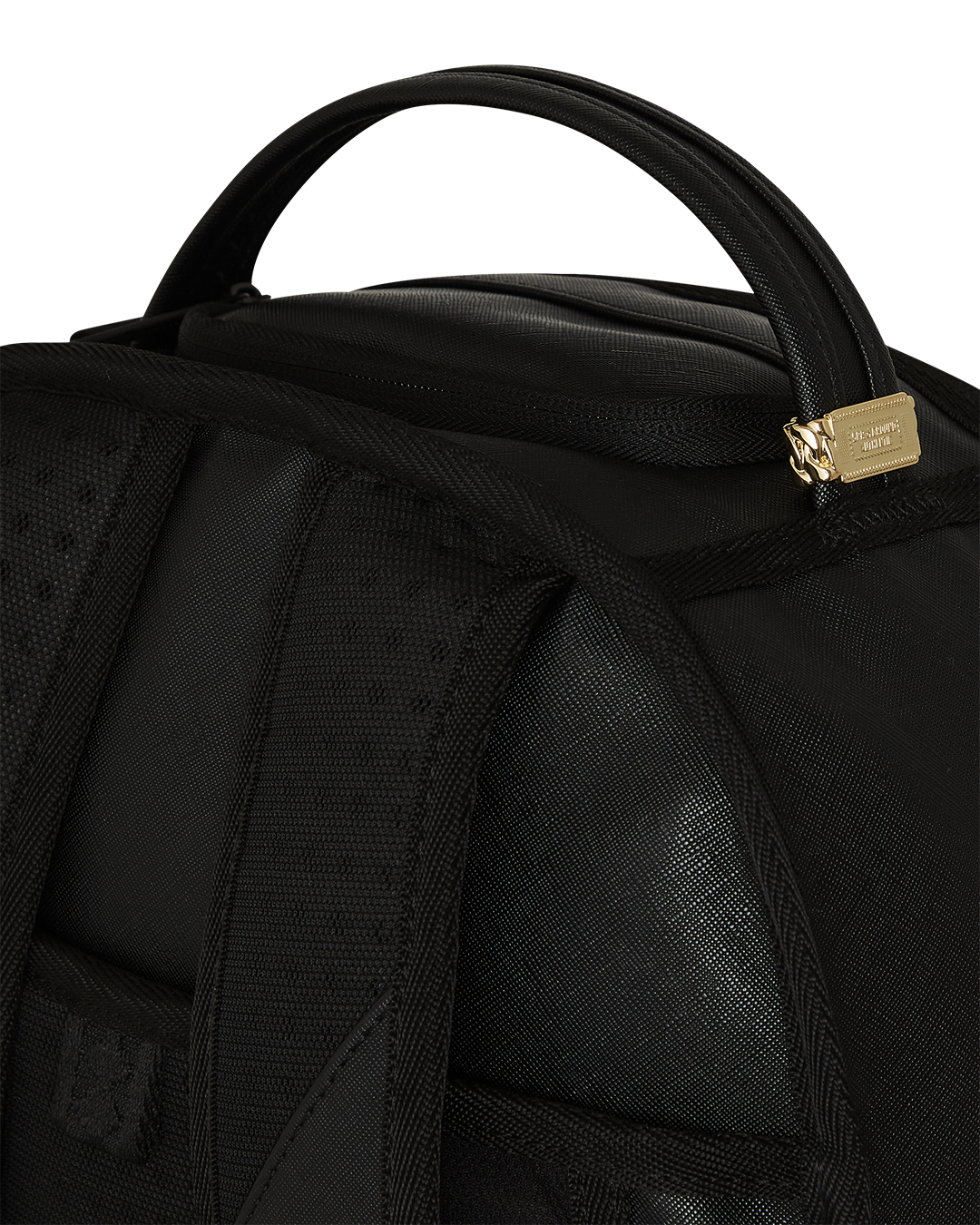 Sprayground Bubble Shark backpack front view, showcasing metallic TPU finish and embossed logo