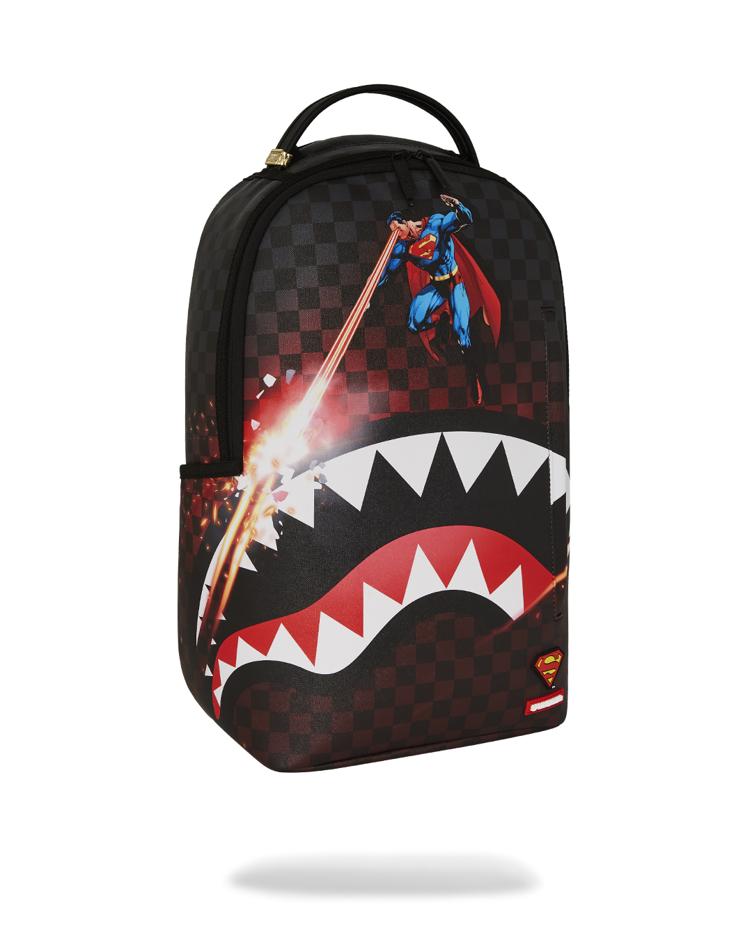 Close-up of the faux leather texture and Heat Vision design on the backpack.