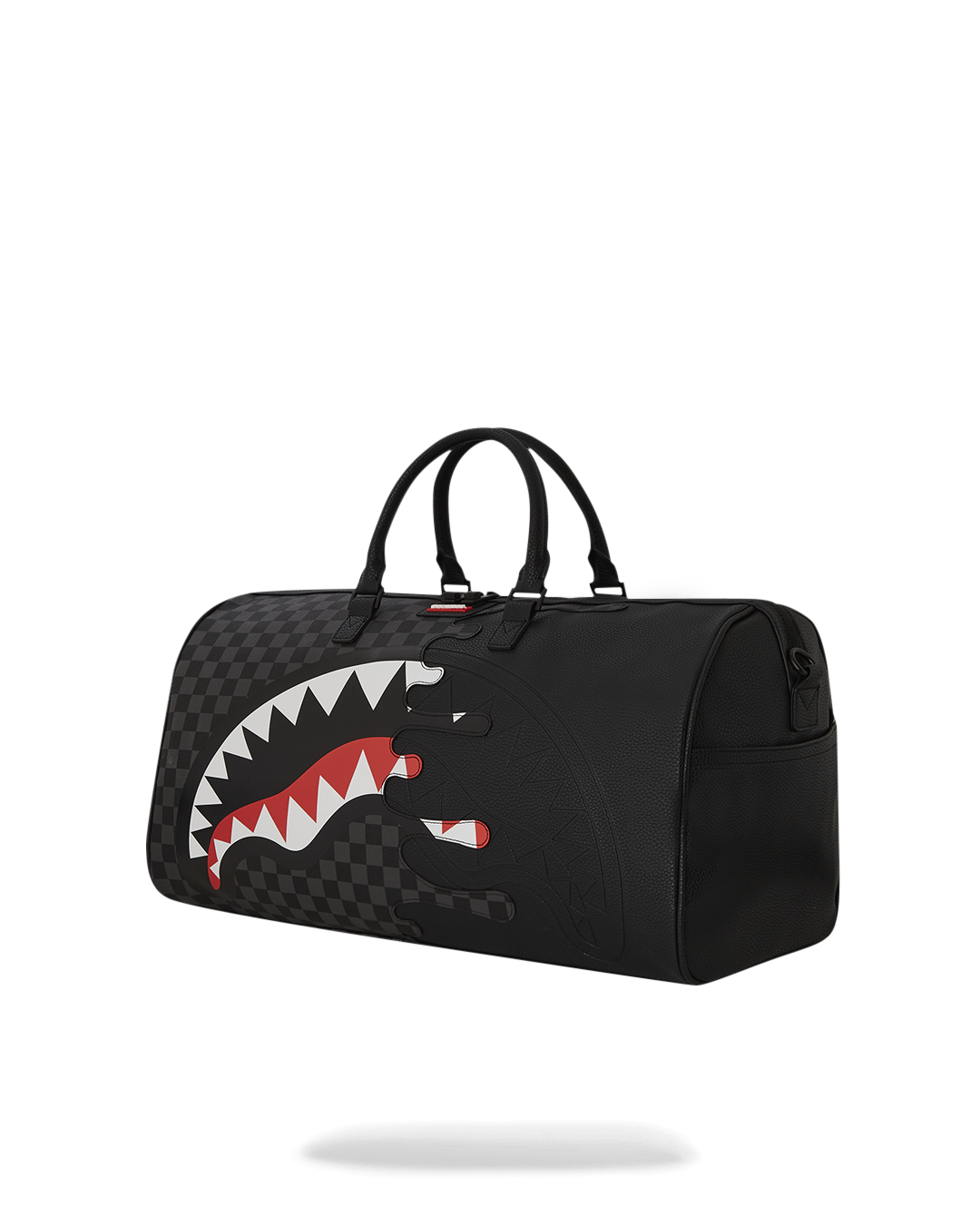 Open interior of mens duffle bag with sneaker compartment and gold zippers