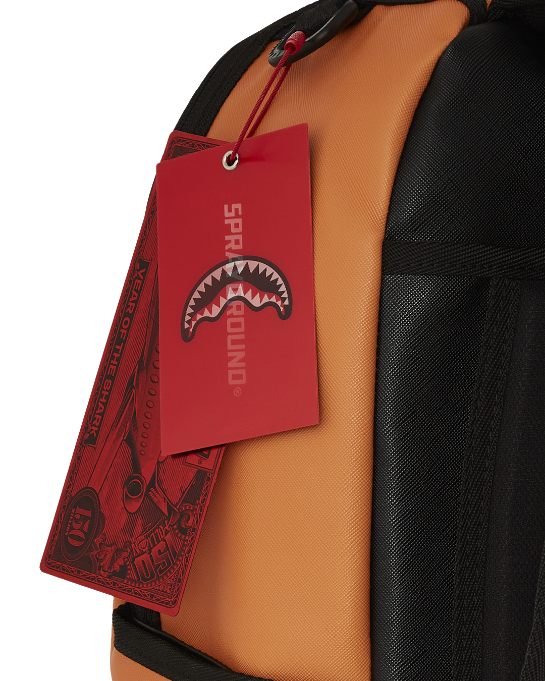 Front view of the faux leather checker backpack showing zipper pockets.