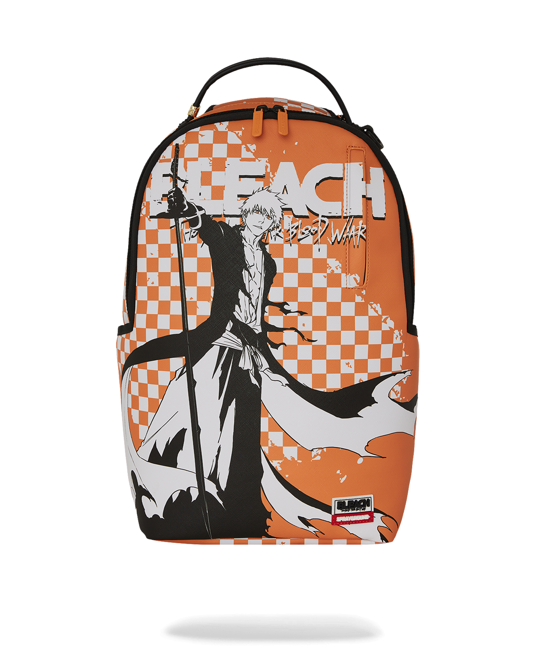 Front view of the faux leather checker backpack showing zipper pockets.