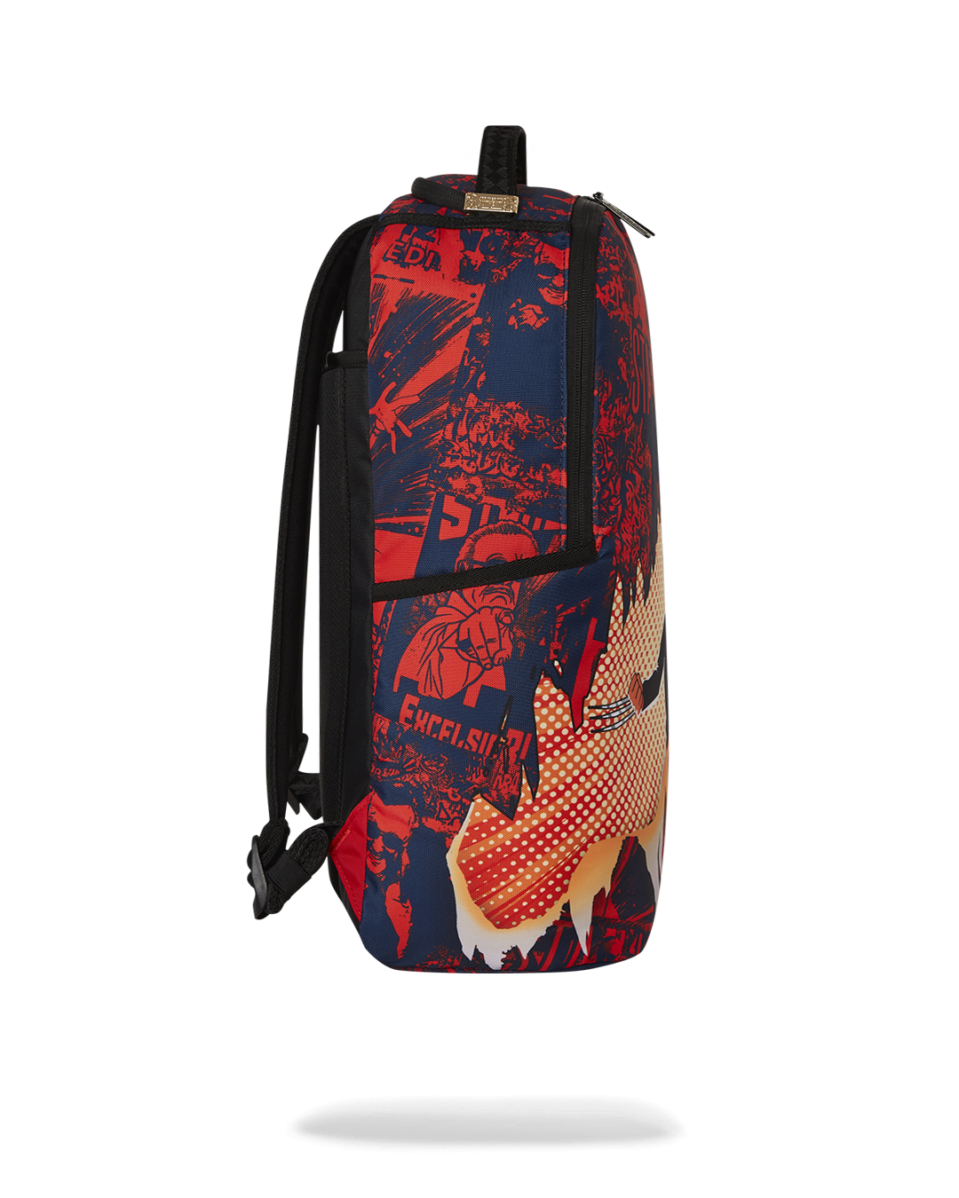 Model wearing the hero-themed backpack in a city park, showcasing adjustable straps