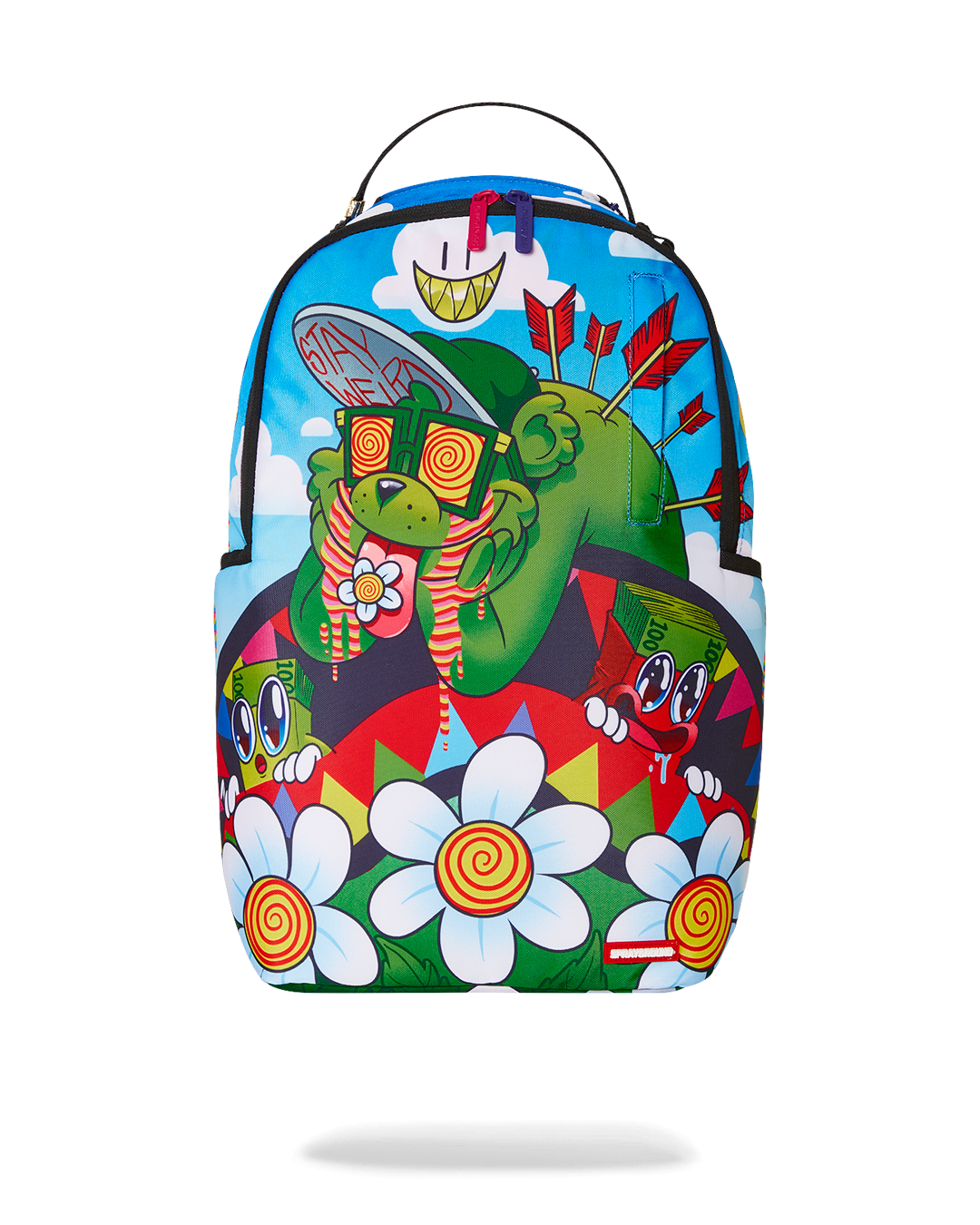Front view of Bloom Bloom Bear backpack highlighting leather accents and gold zippers