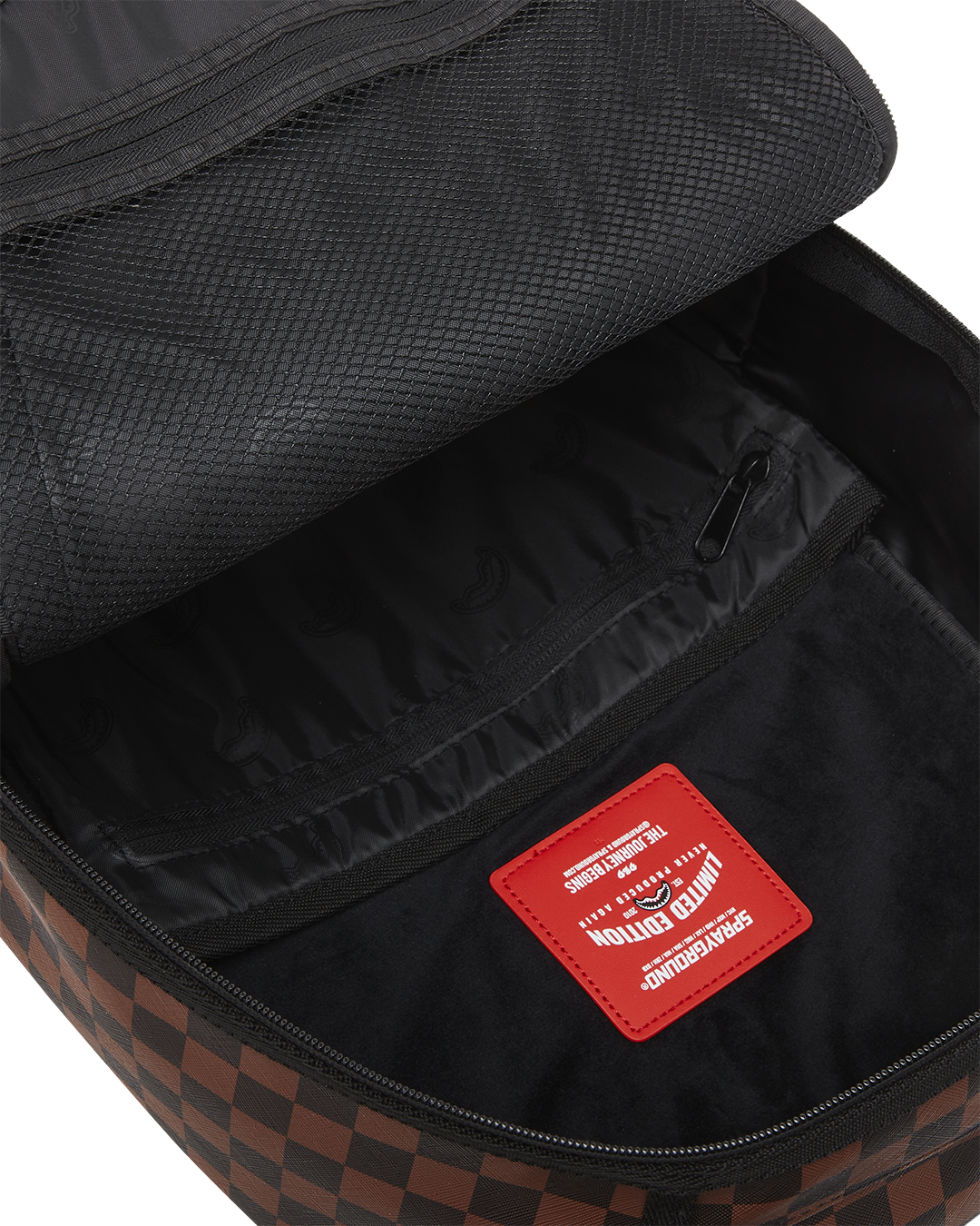 Close-up of backpack’s ergonomic mesh padding and gold zipper hardware