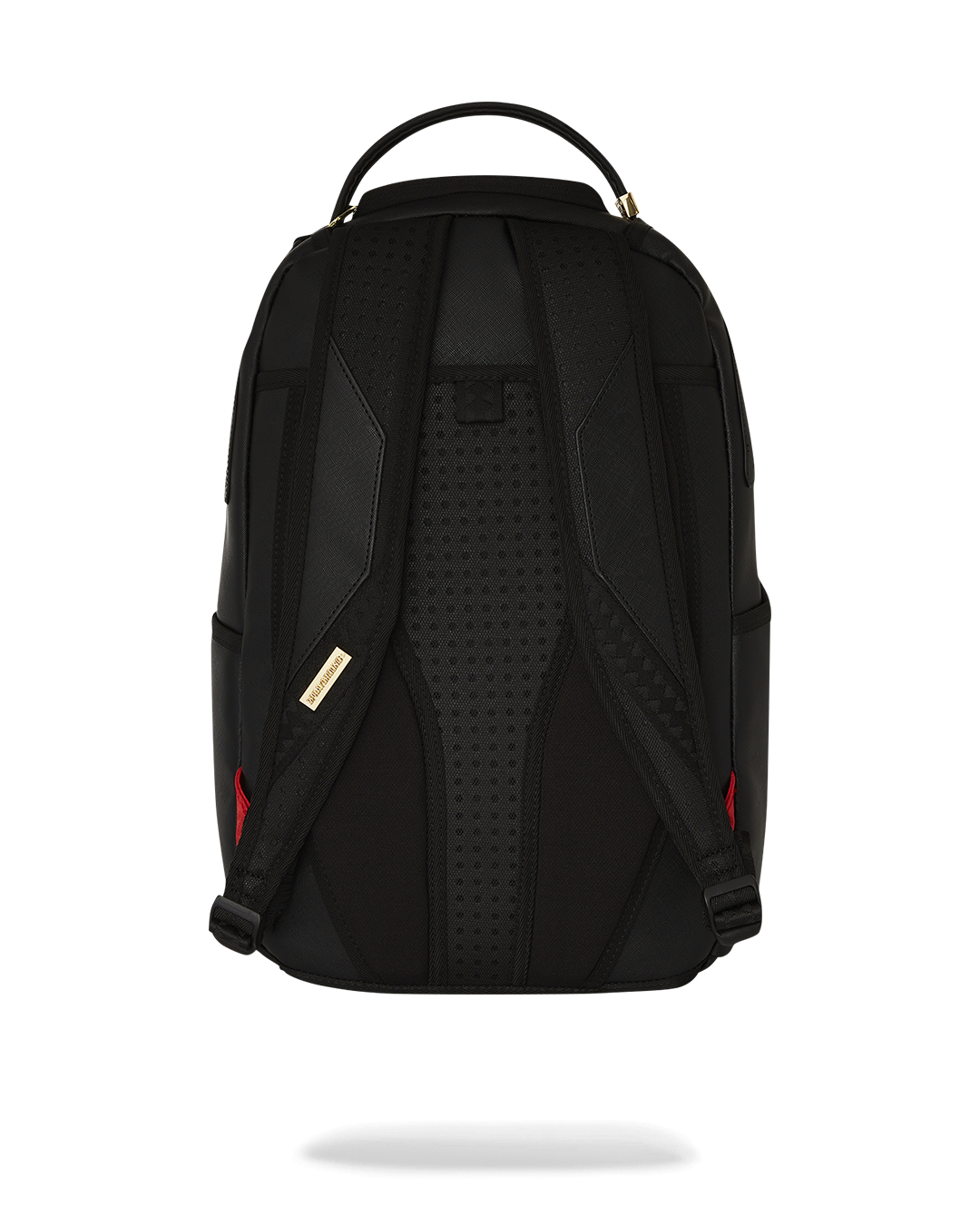 Racing Stripes Faux Leather Backpack with gold zipper and metal hardware, showcasing the front zipper pocket.