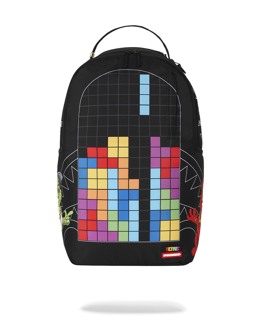 Front angle of the Tetris backpack showing Diablo art and gold zippers
