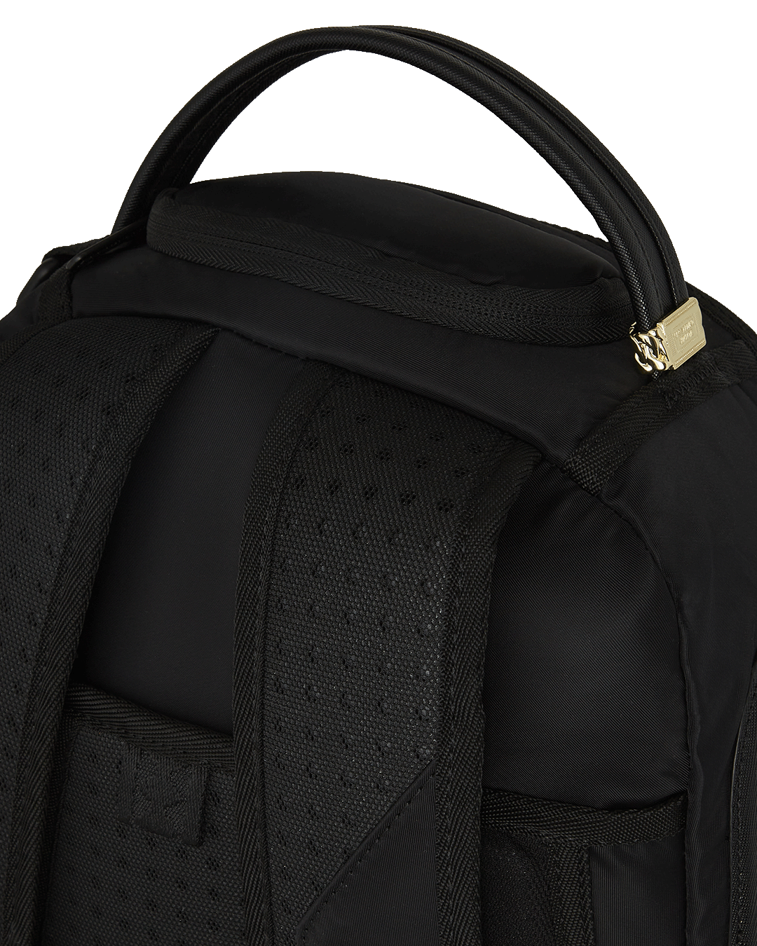 Front view of SharkStyle DLX fashion backpack with gold zippers and sprayground badge