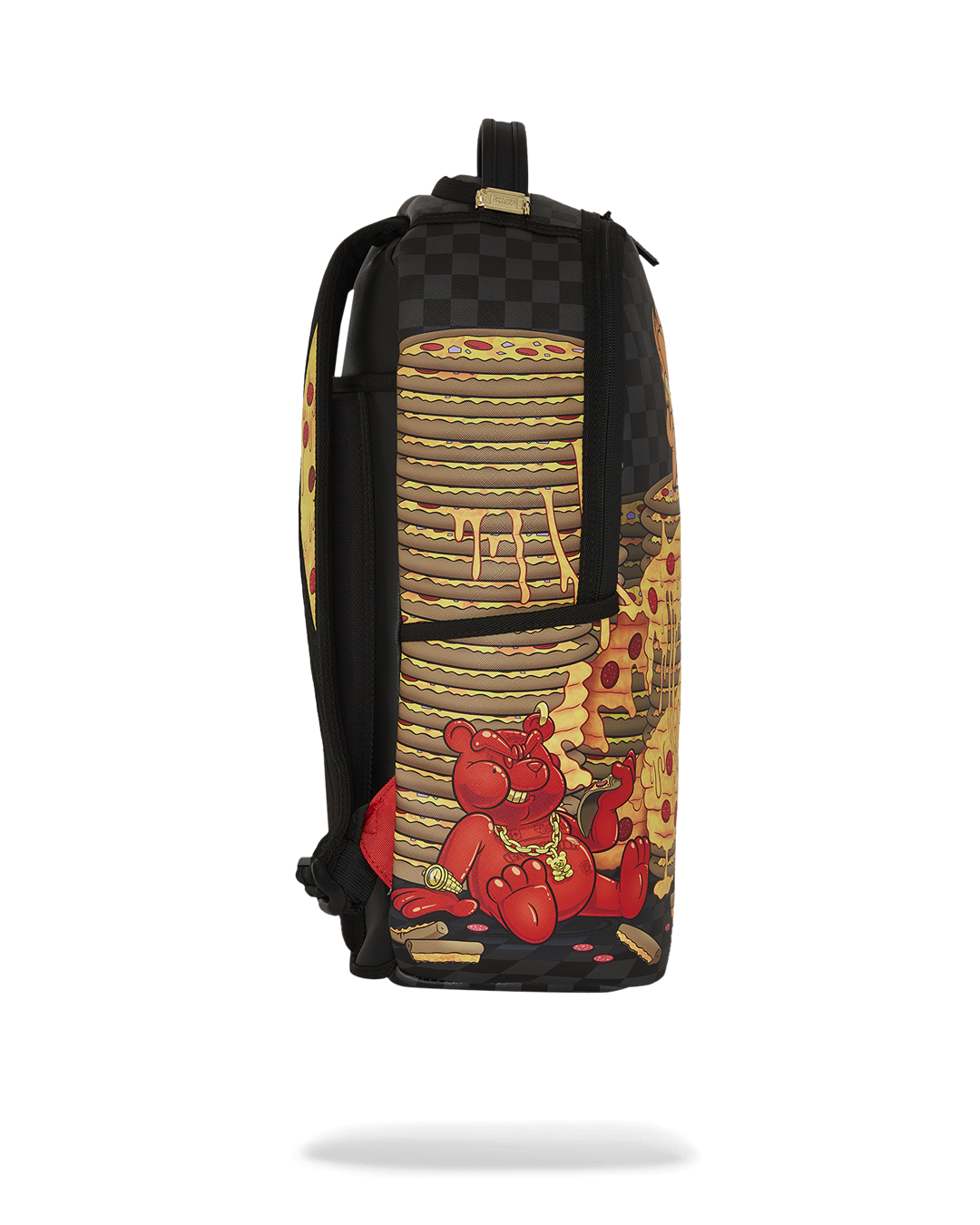 Model wearing the pizza rush backpack on city street for daily use.
