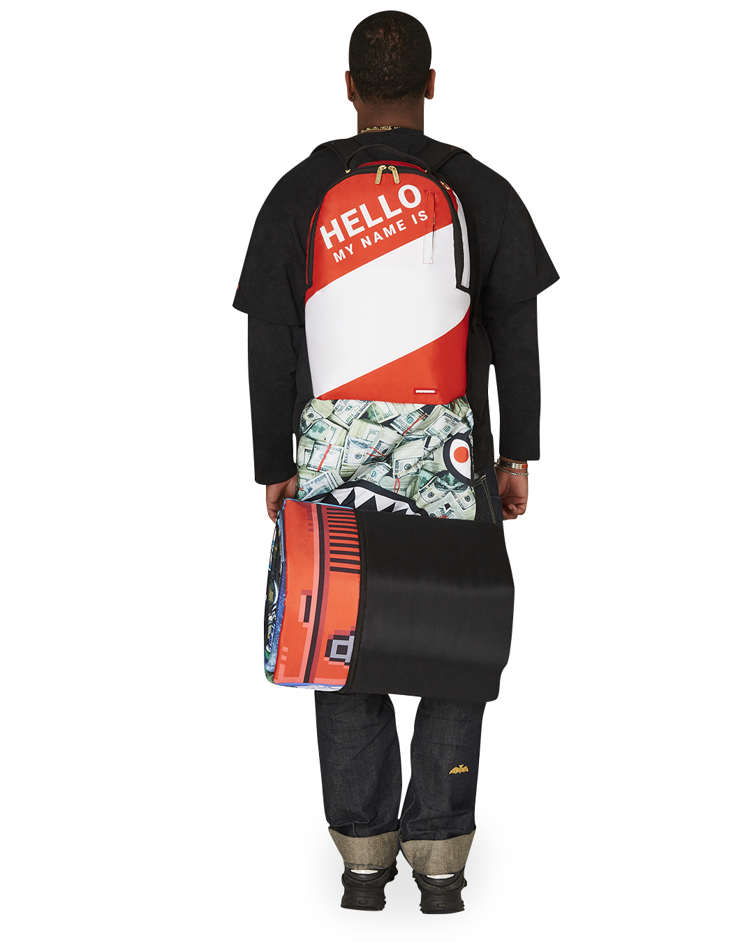 Side profile of the Sprayground luxury backpack highlighting its ergonomic features.