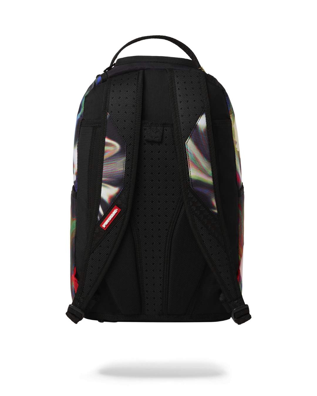 Front view of rainbow unicorn holographic kids backpack with colorful design