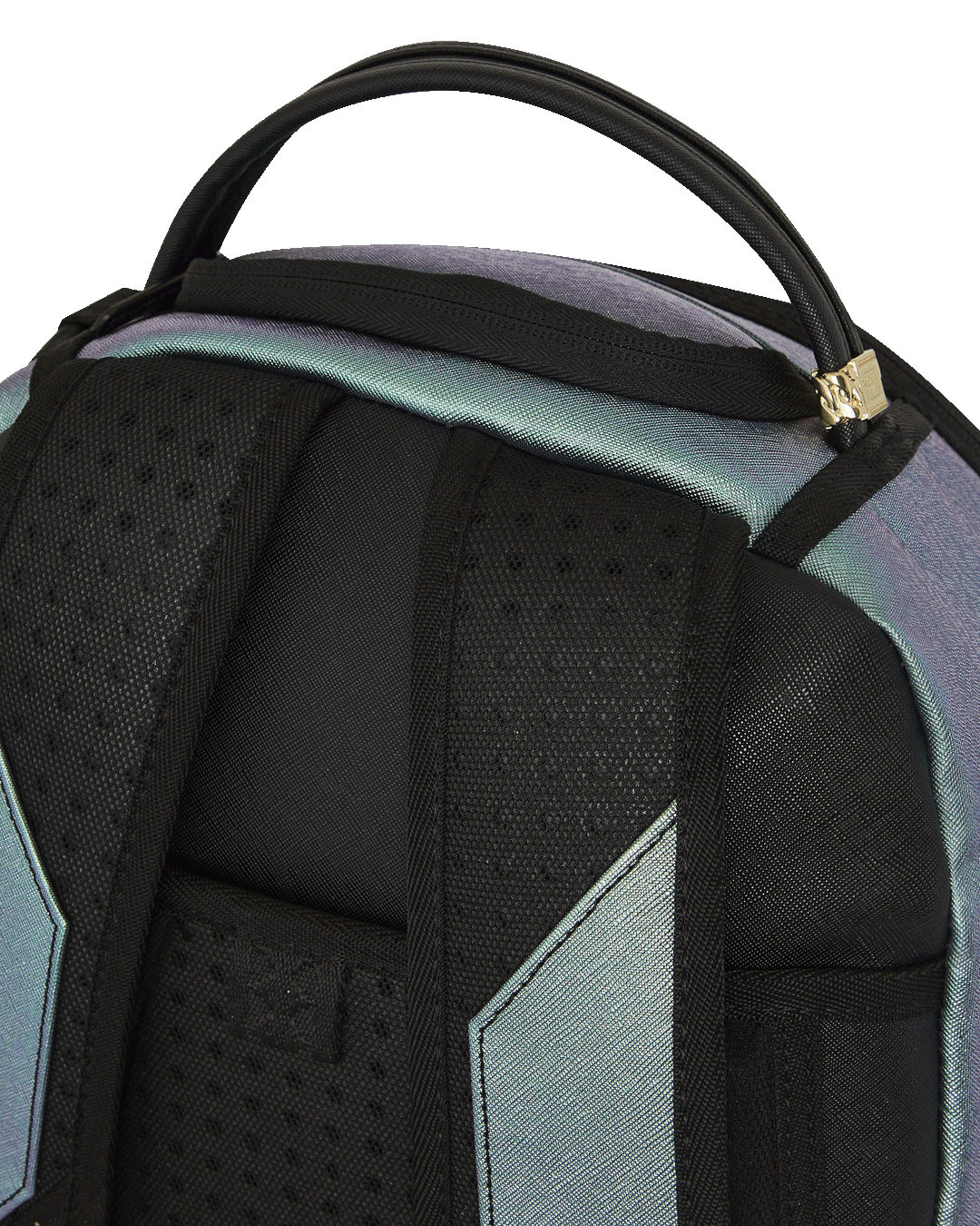 Close-up of iridescent backpack showcasing water-resistant fabric