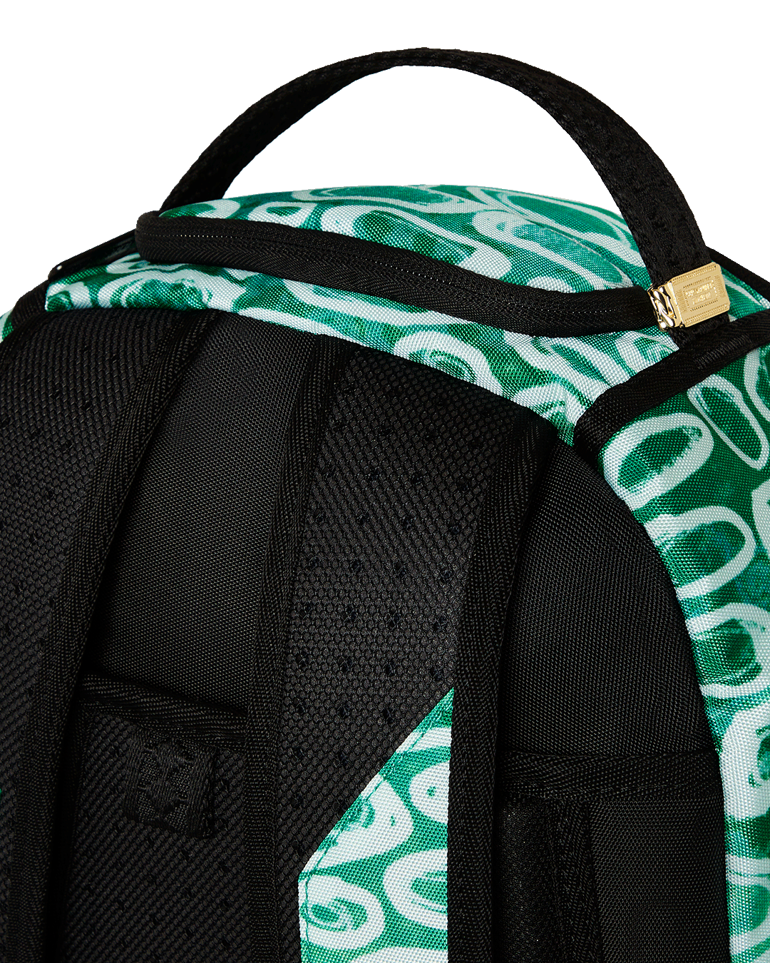 Front view of black Sprayground backpack with Ren & Stimpy artwork and gold zippers