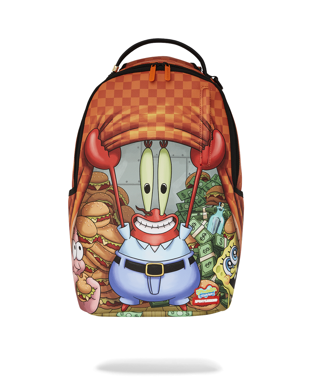 Front view of SpongeBob Krabs backpack showcasing water-resistant faux leather and gold hardware