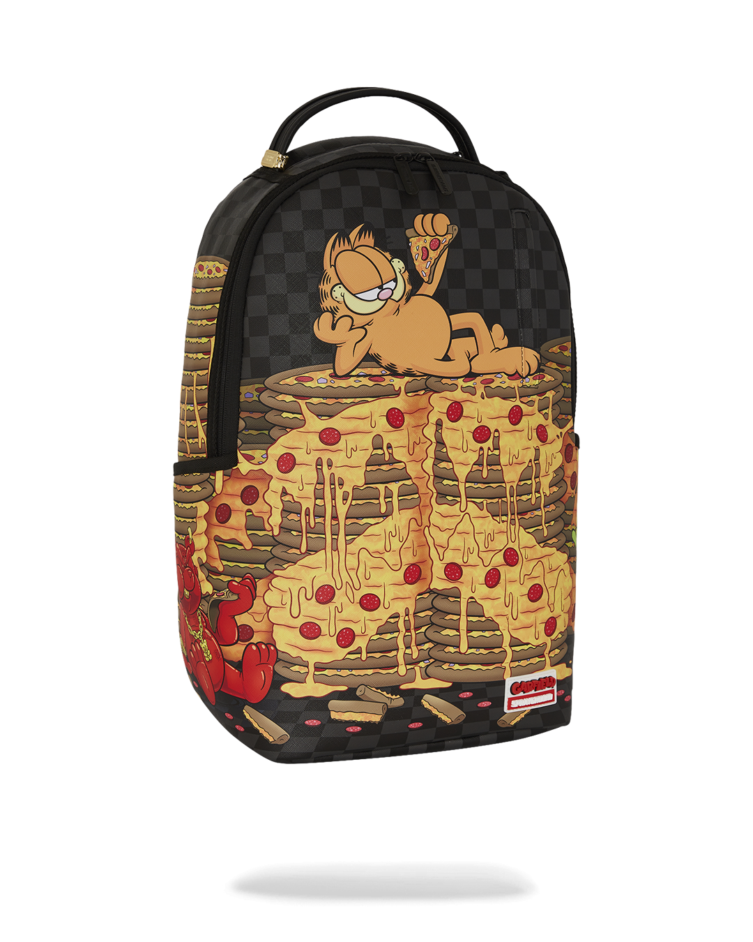 Top-down view of faux leather mini backpack revealing compartments and gold zipper hardware.