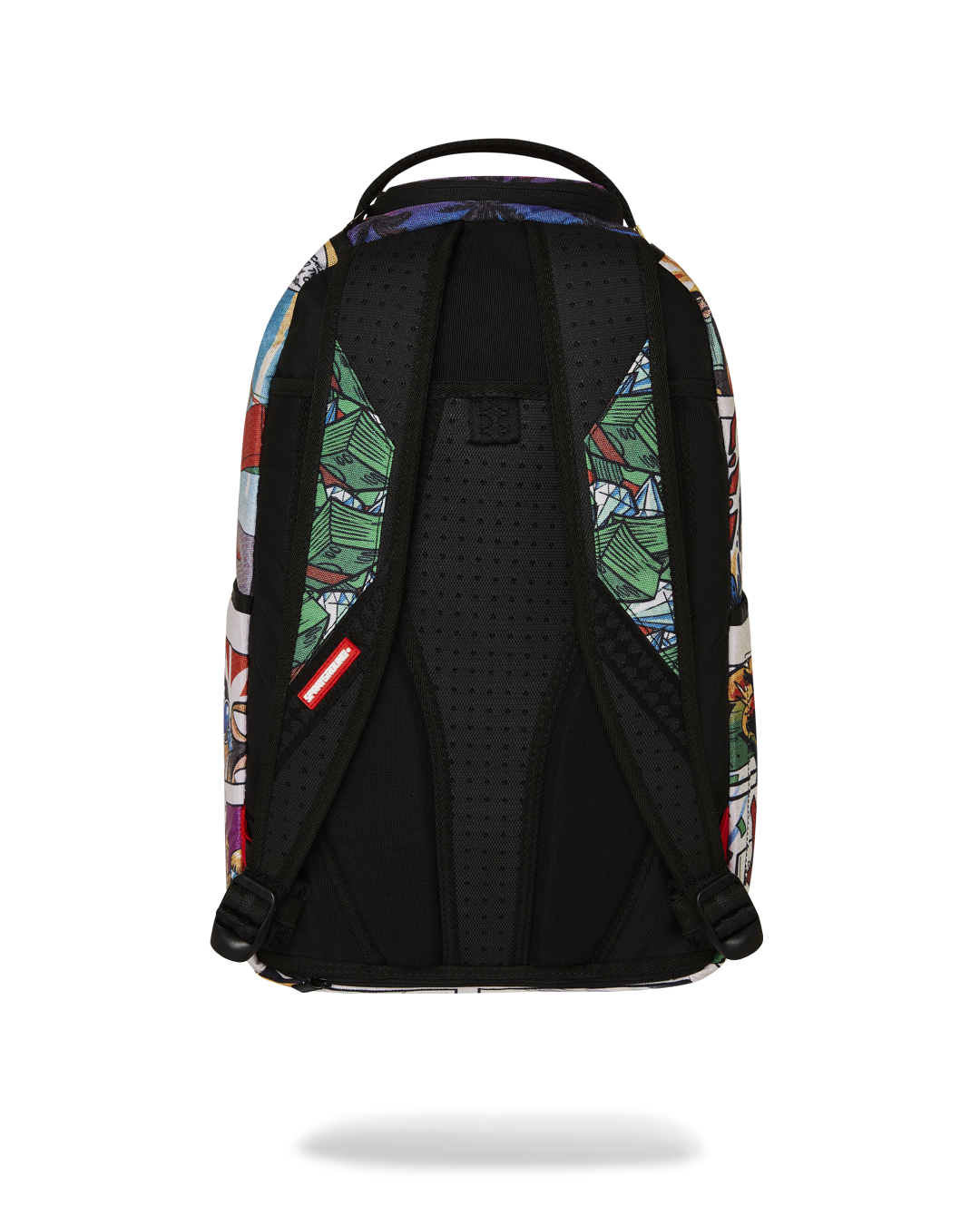 Front view of the pink Sprayground backpack with zippered pockets and bold graphics
