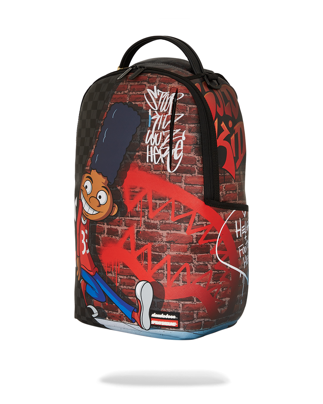 Interior layout of Sprayground Hey Arnold backpack showing laptop sleeve and mesh pocket