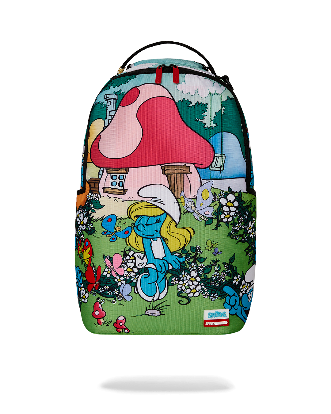 Leather laptop backpack with garden-inspired design, front view