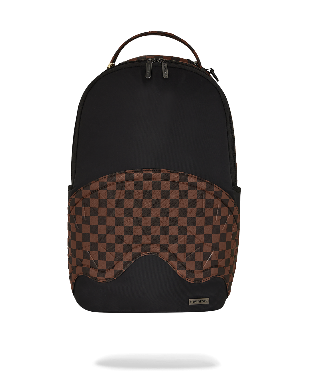 Maison Check backpack worn over shoulder, showcasing sharkmouth detail against city backdrop