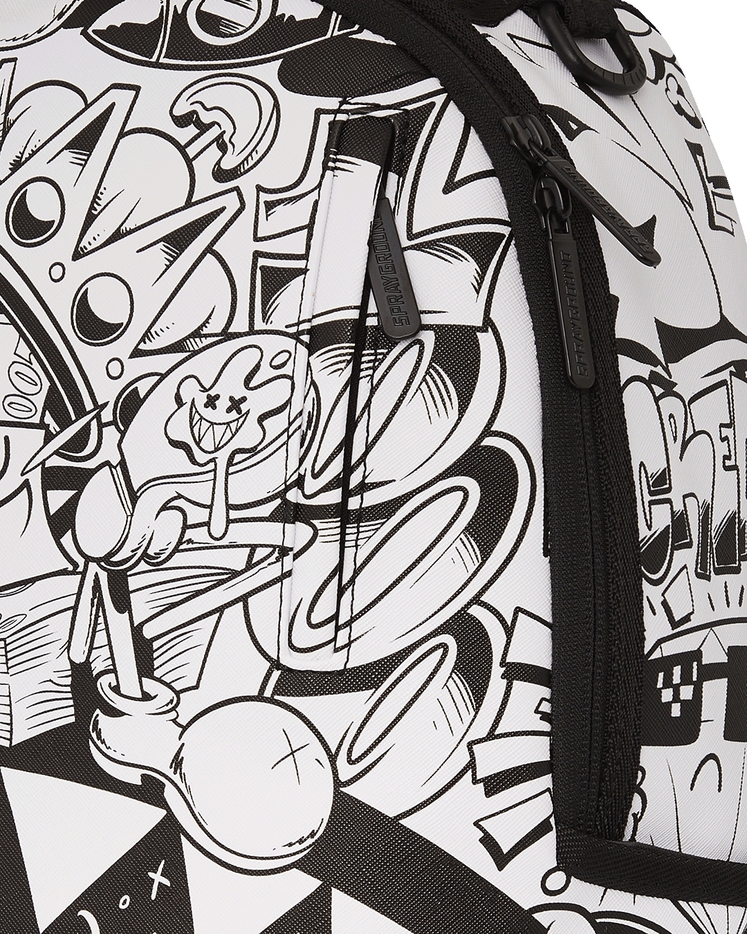 Doodle King faux leather travel backpack in a stylish setting with side pockets visible.