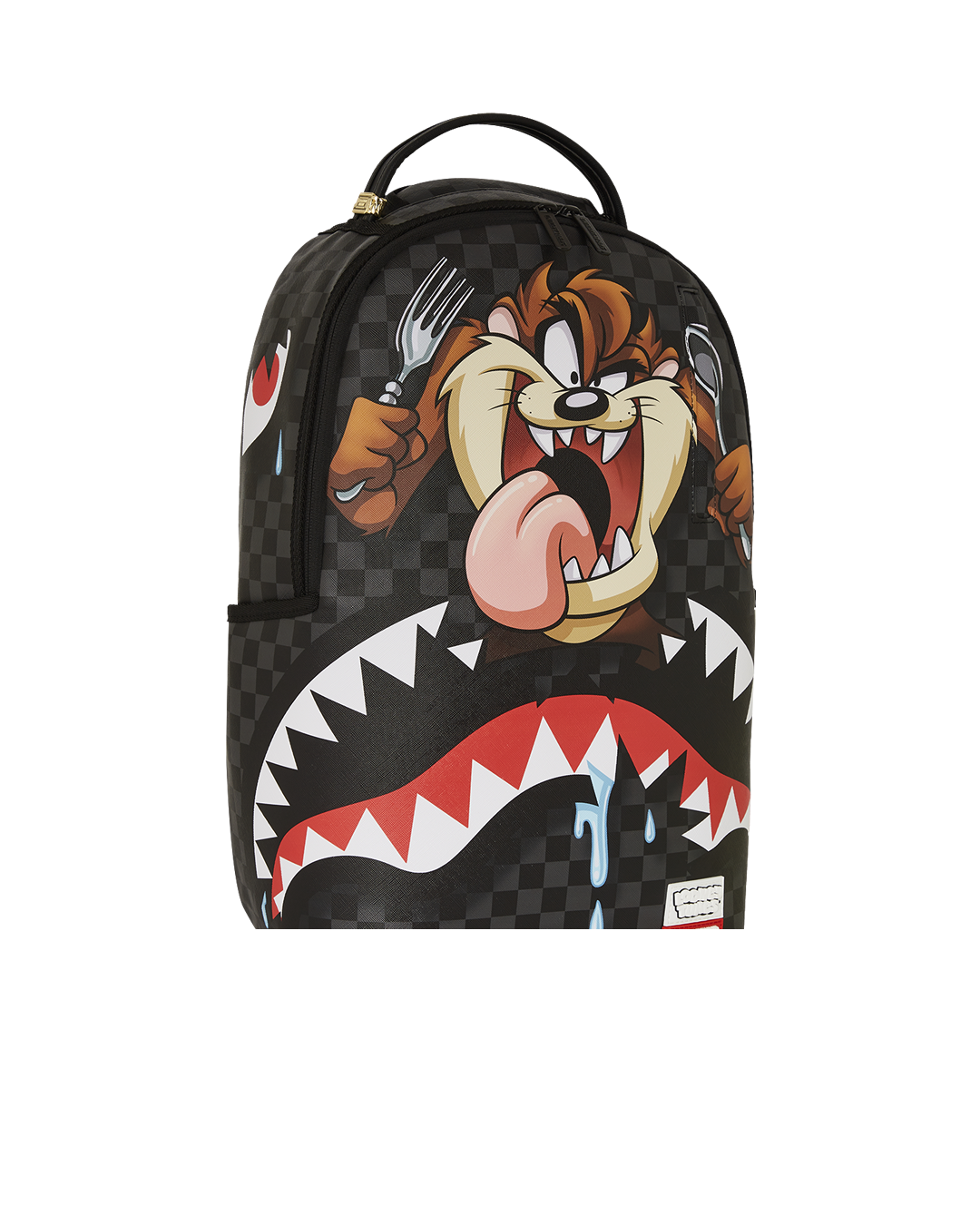 Side profile of the Looney Tunes backpack showing velour sunglass pocket and gold zippers