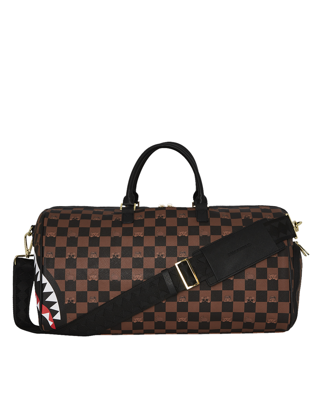 Top-down shot of the duffle bag showing zippered compartments and spacious interior