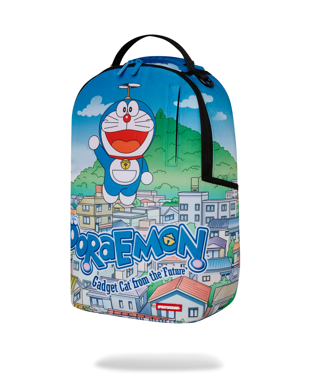 Interior of Doraemon backpack featuring laptop compartment and organizers