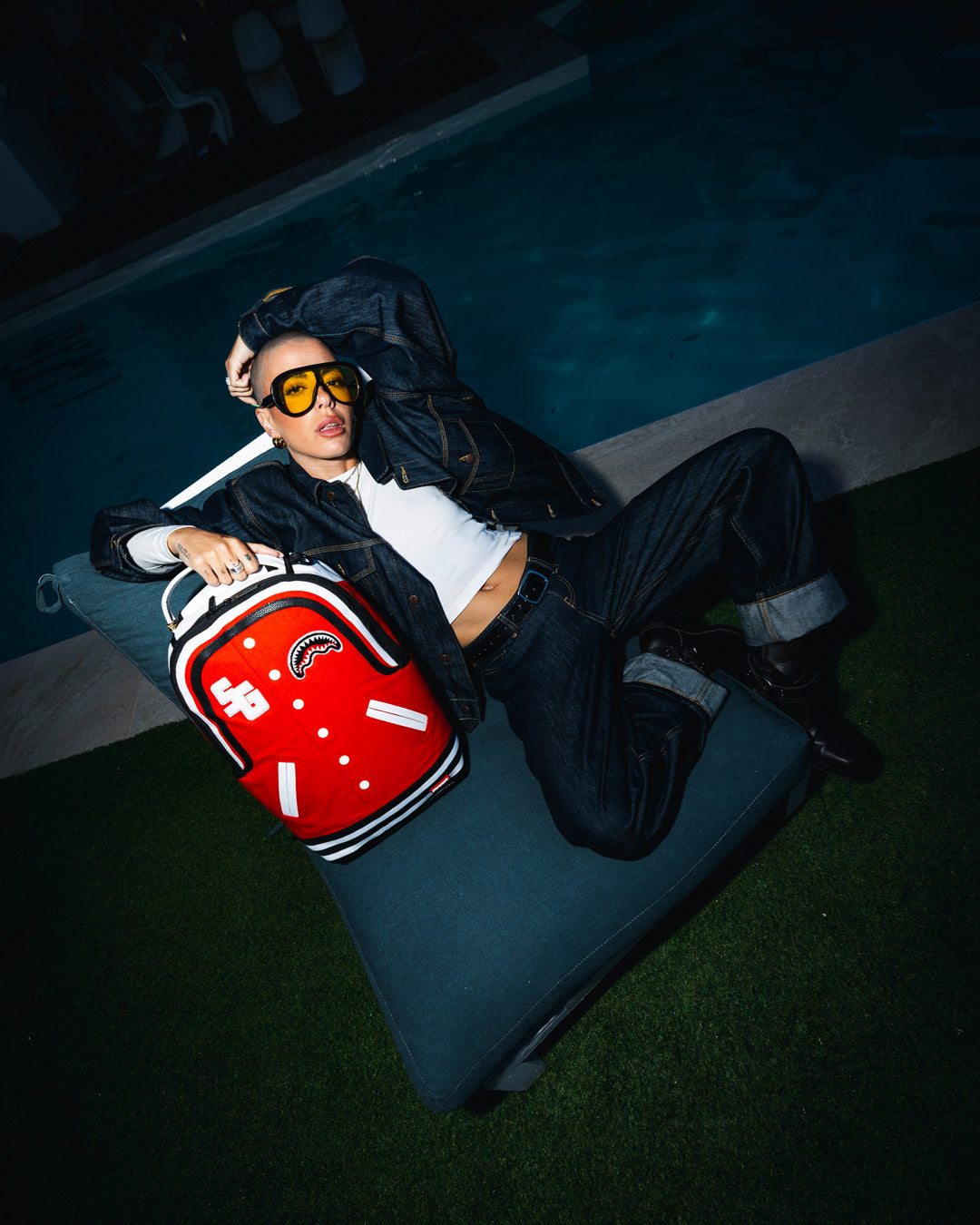 Sprayground U. Backpack front view, highlighting its modern design and glossy PVC accents