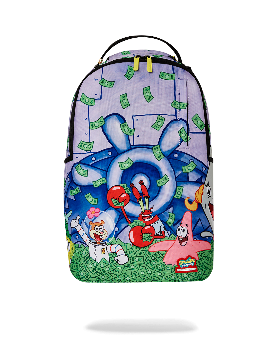 Front view of SpongeBob Deluxe Backpack showcasing multiple pockets and gold zippers.