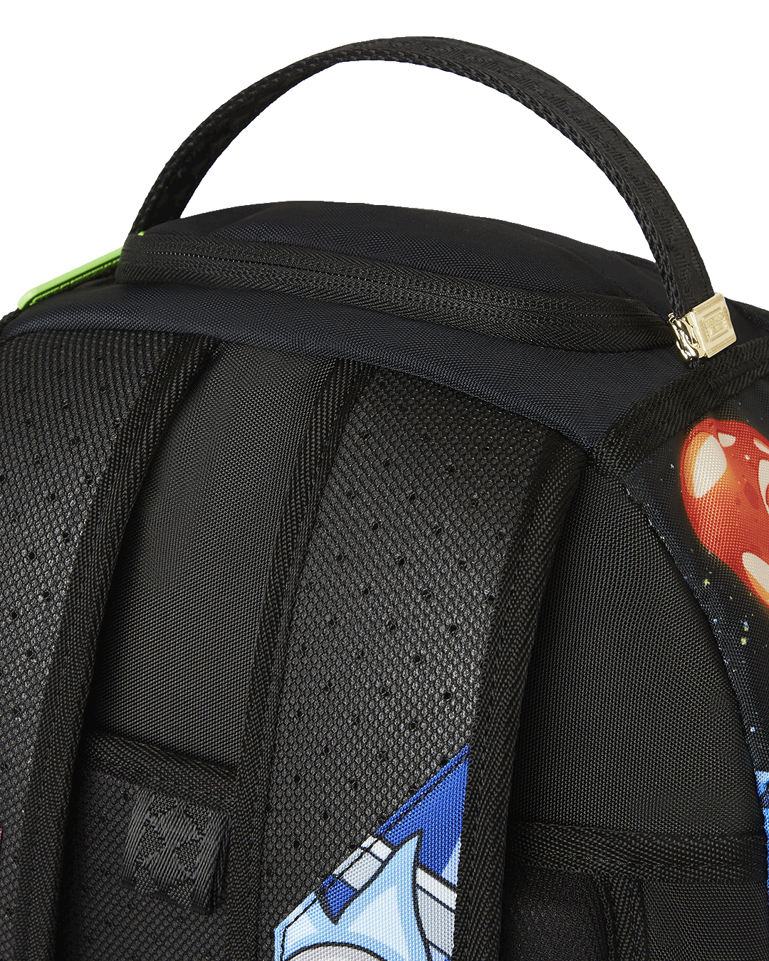Sprayground pink backpack with Rick and Morty design, front view