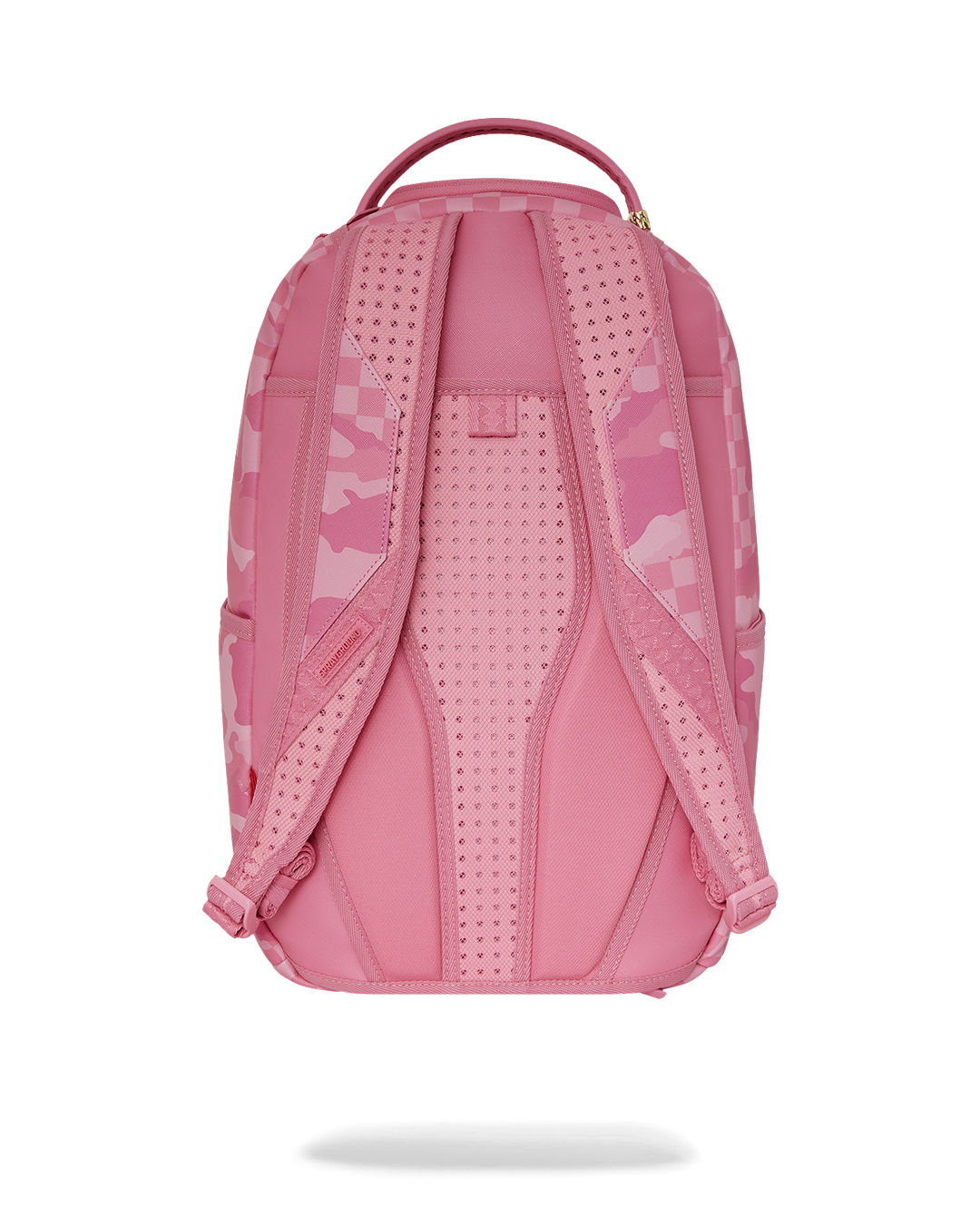 Front view showing gold zippers and sleek faux leather finish