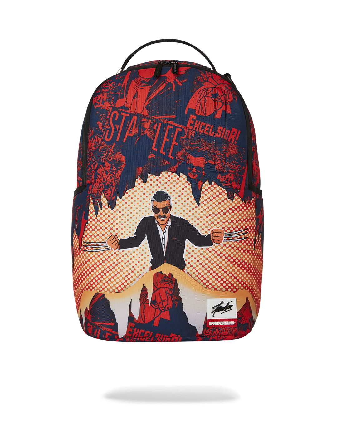 Close-up of Stan Lee artwork on pink Sprayground backpack with side pockets visible