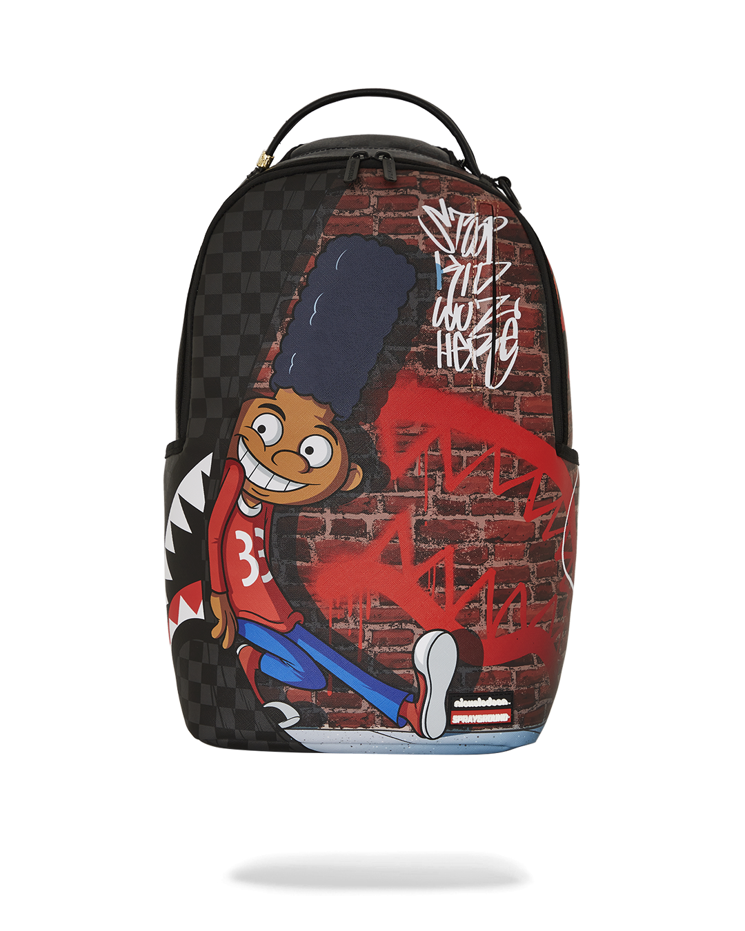Front view of Sprayground Hey Arnold faux leather backpack showing zippered pockets