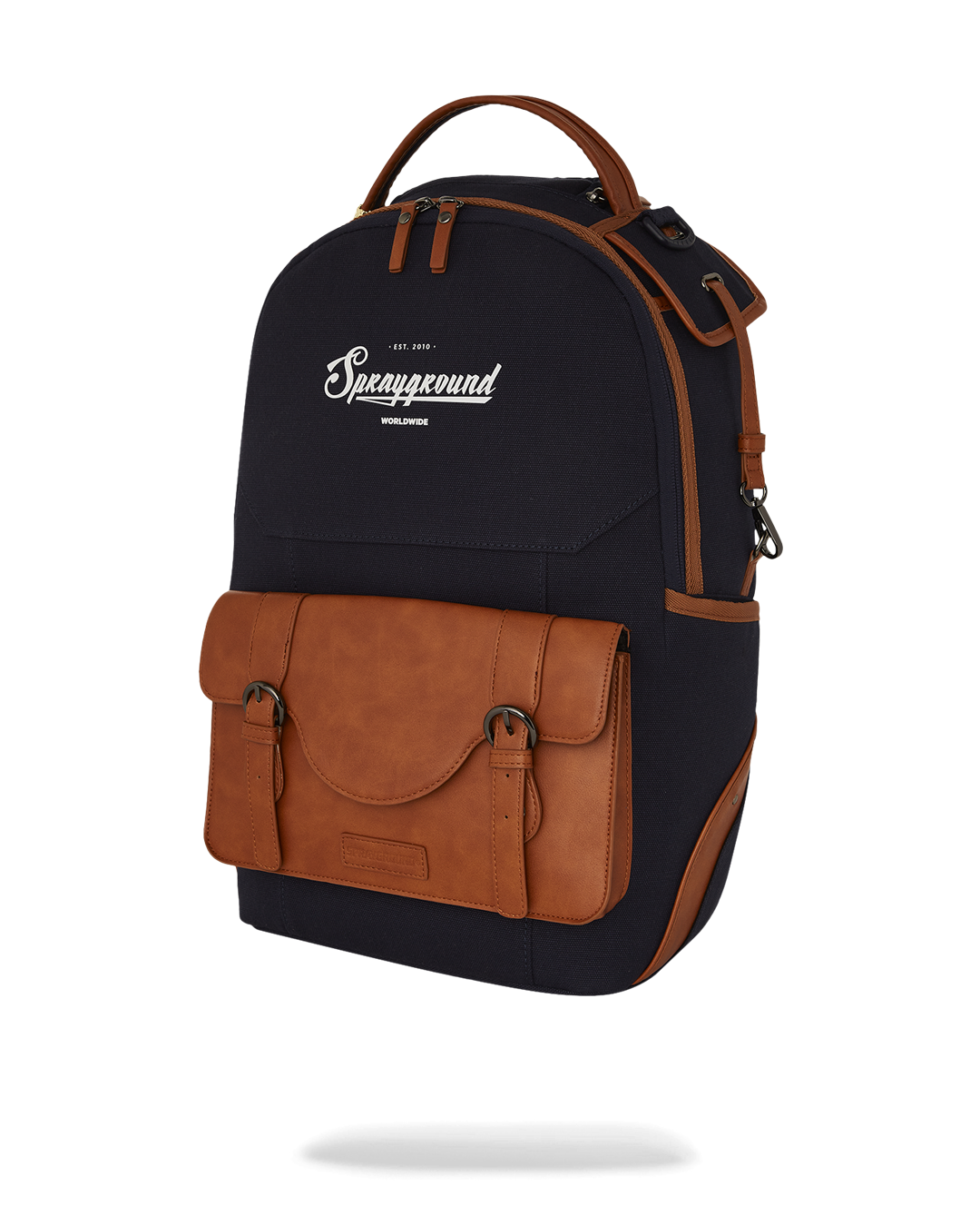 Front view of the Ivy League Classic Canvas Backpack with vintage details and gold zippers
