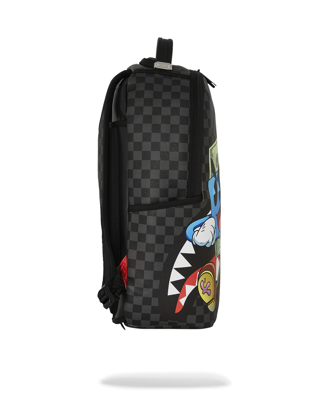Side view highlighting the side pockets and ergonomic mesh back padding